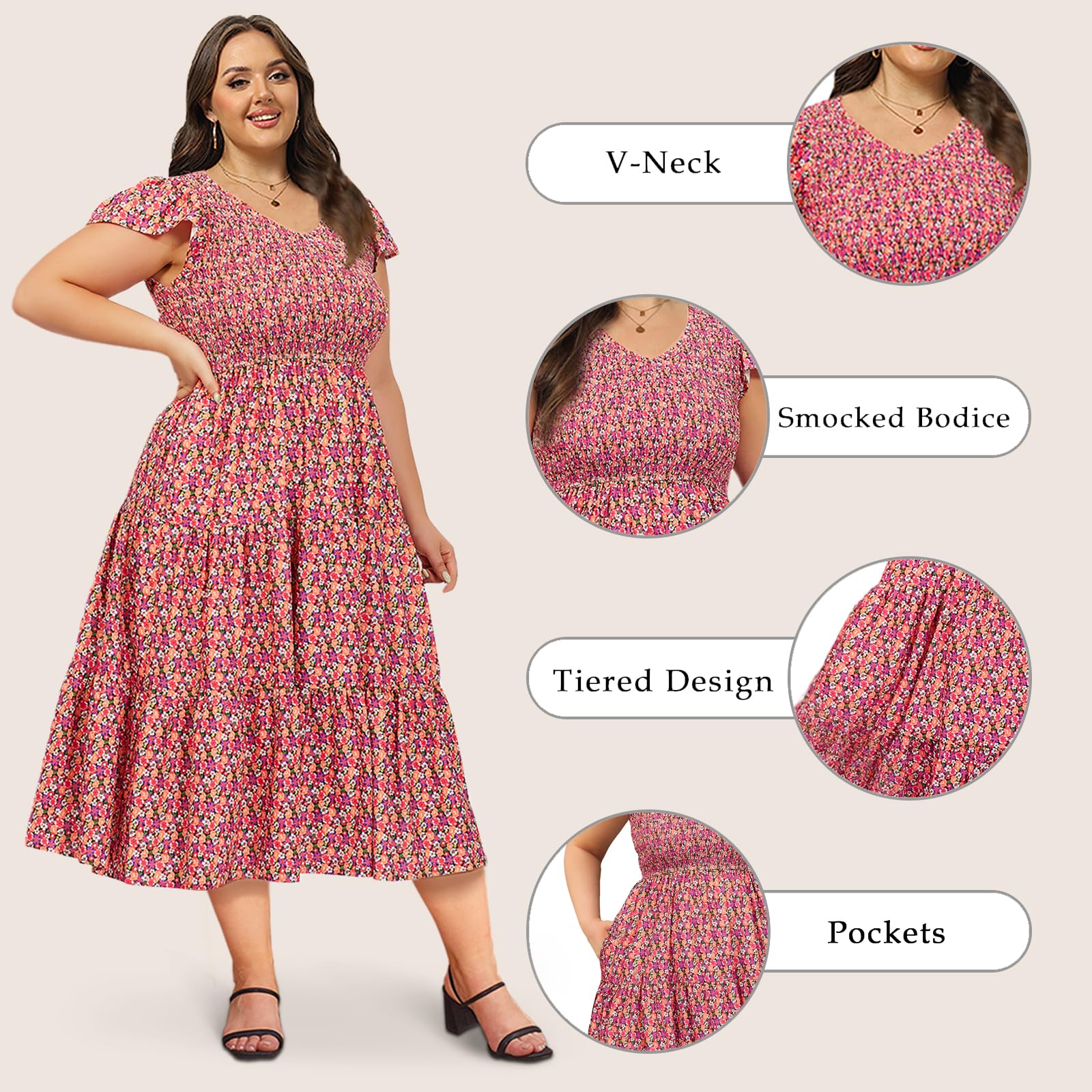 Plus Size Maxi Dress V Neck for Summer - Multi - Image 6