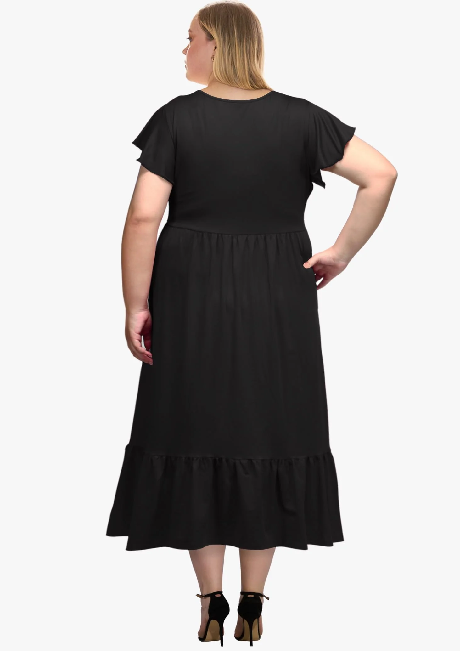 Plus Size Summer Dress Crew Neck Ruffle with Pockets-Black - Image 3
