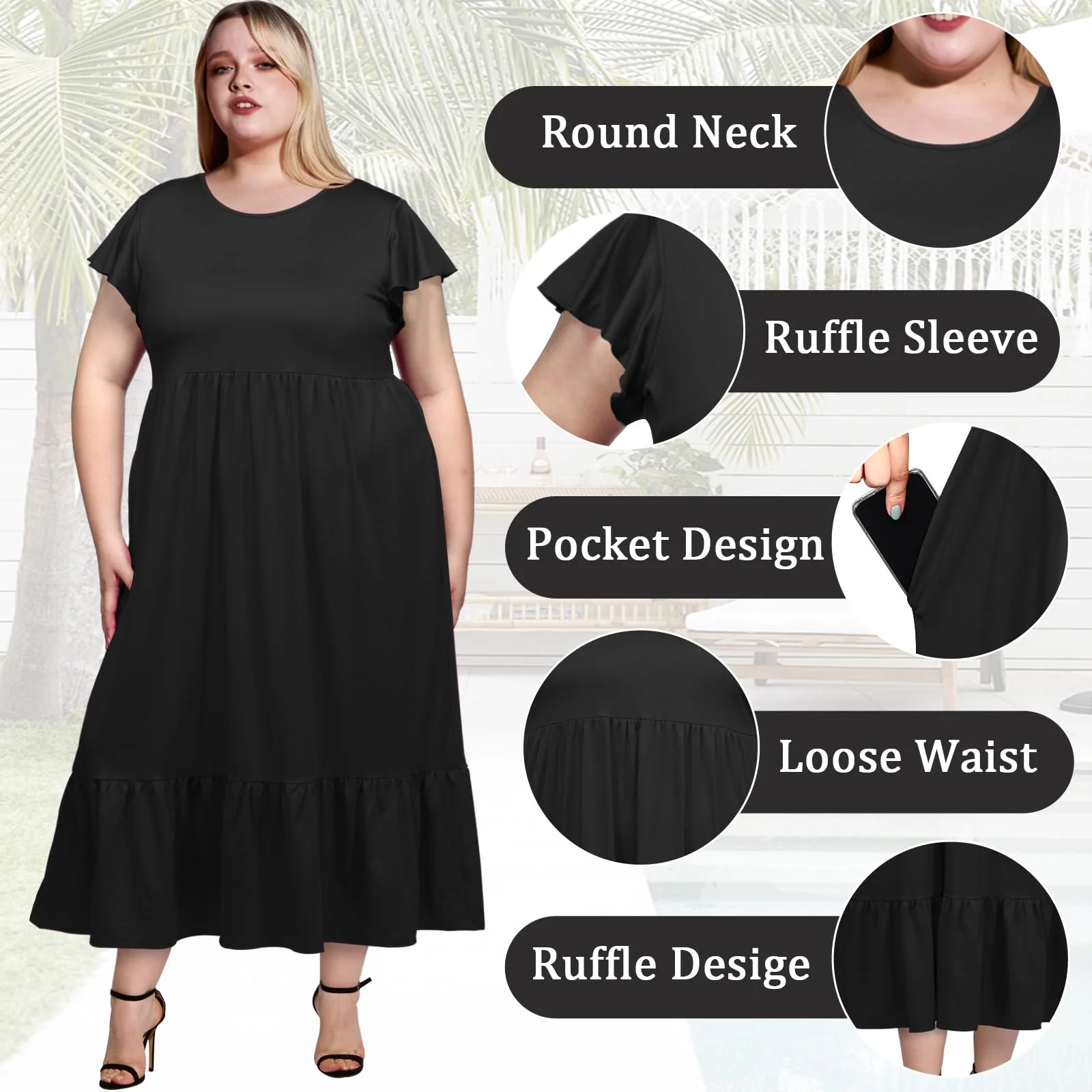 Plus Size Summer Dress Crew Neck Ruffle with Pockets-Black - Image 4