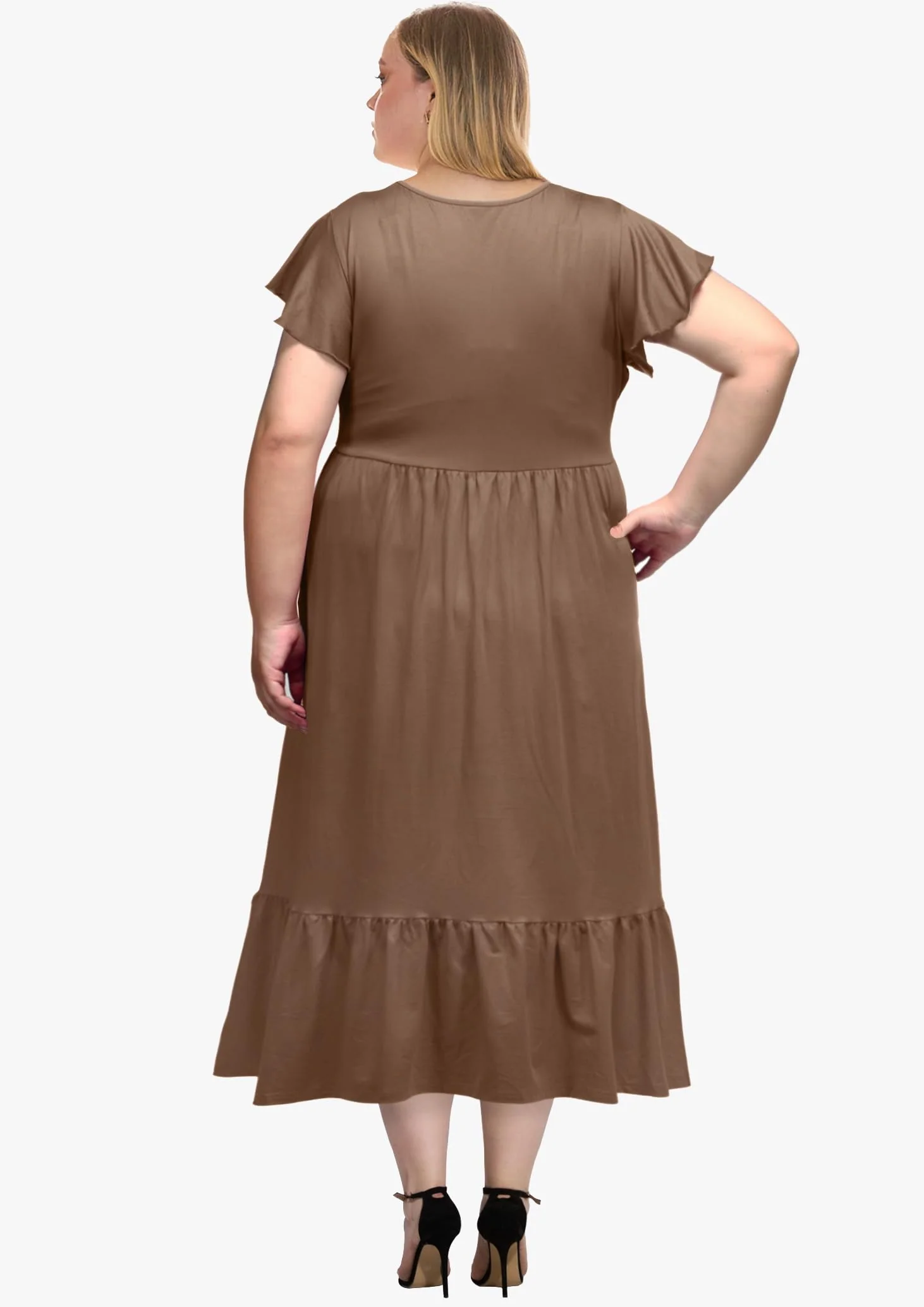 Plus Size Summer Dress Crew Neck Ruffle with Pockets-Khaki - Image 3