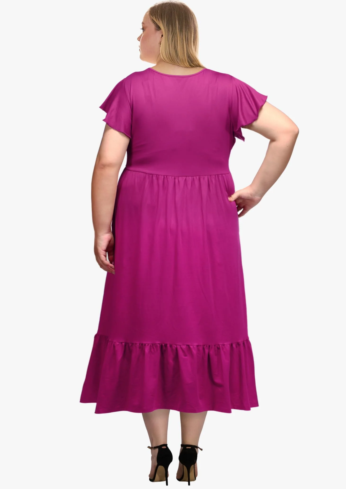 Plus Size Summer Dress Crew Neck Ruffle with Pockets-Plum - Image 3