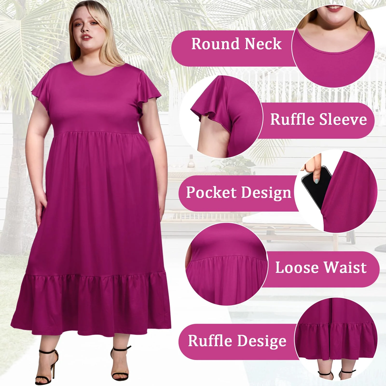 Plus Size Summer Dress Crew Neck Ruffle with Pockets-Plum - Image 4