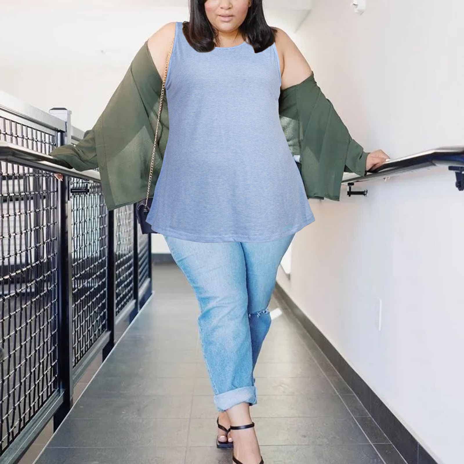 Plus Size Tank Tops for Women Summer Sleeveless T-Shirts Loose-Blue - Image 3