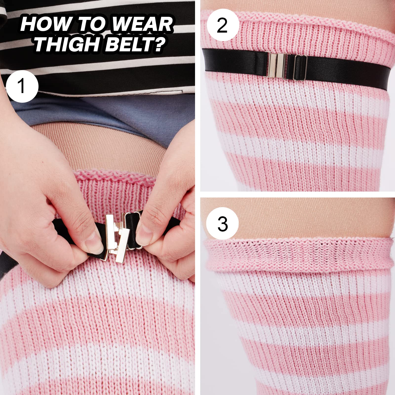 Plus Size Thigh High Socks Striped- Baby Pink & White - Image 3