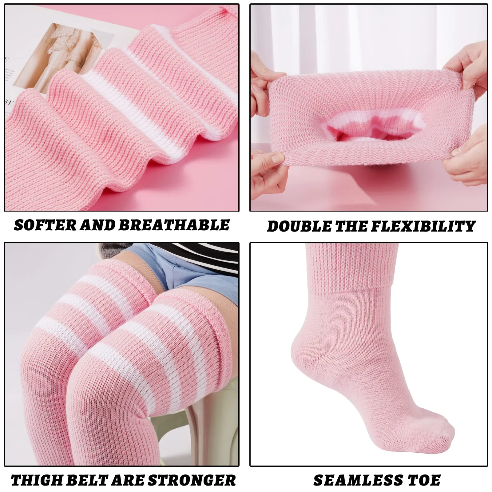 Plus Size Thigh High Socks Striped- Baby Pink & White - Image 4