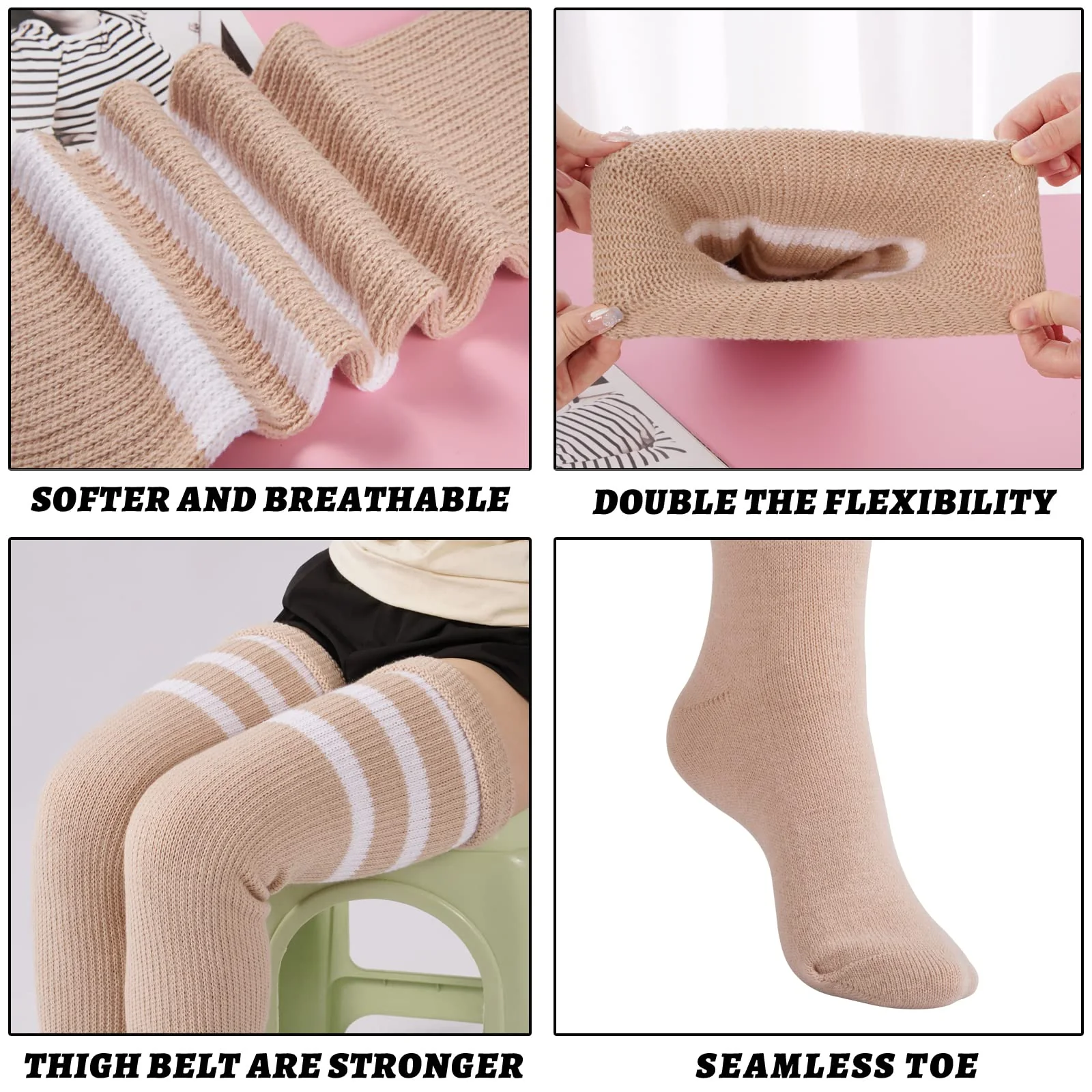 Plus Size Thigh High Socks Striped- Beige & White - Image 4