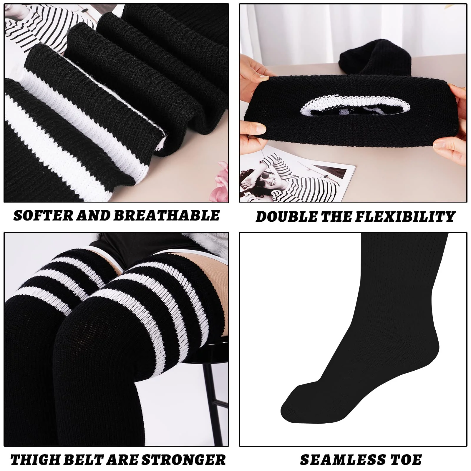 Plus Size Thigh High Socks Striped- Black & White - Image 4