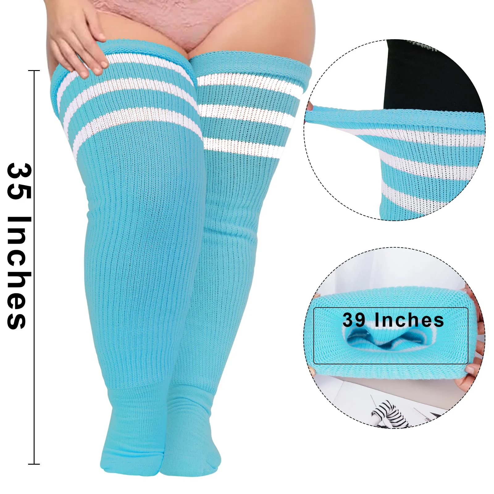 Plus Size Thigh High Socks Striped- Blue & White - Image 3
