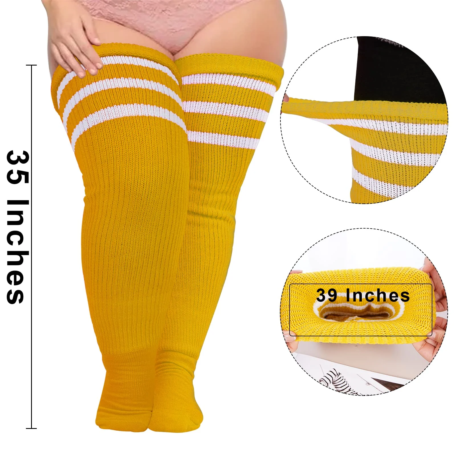 Plus Size Thigh High Socks Striped- Bright Ginger Yellow & White - Image 4