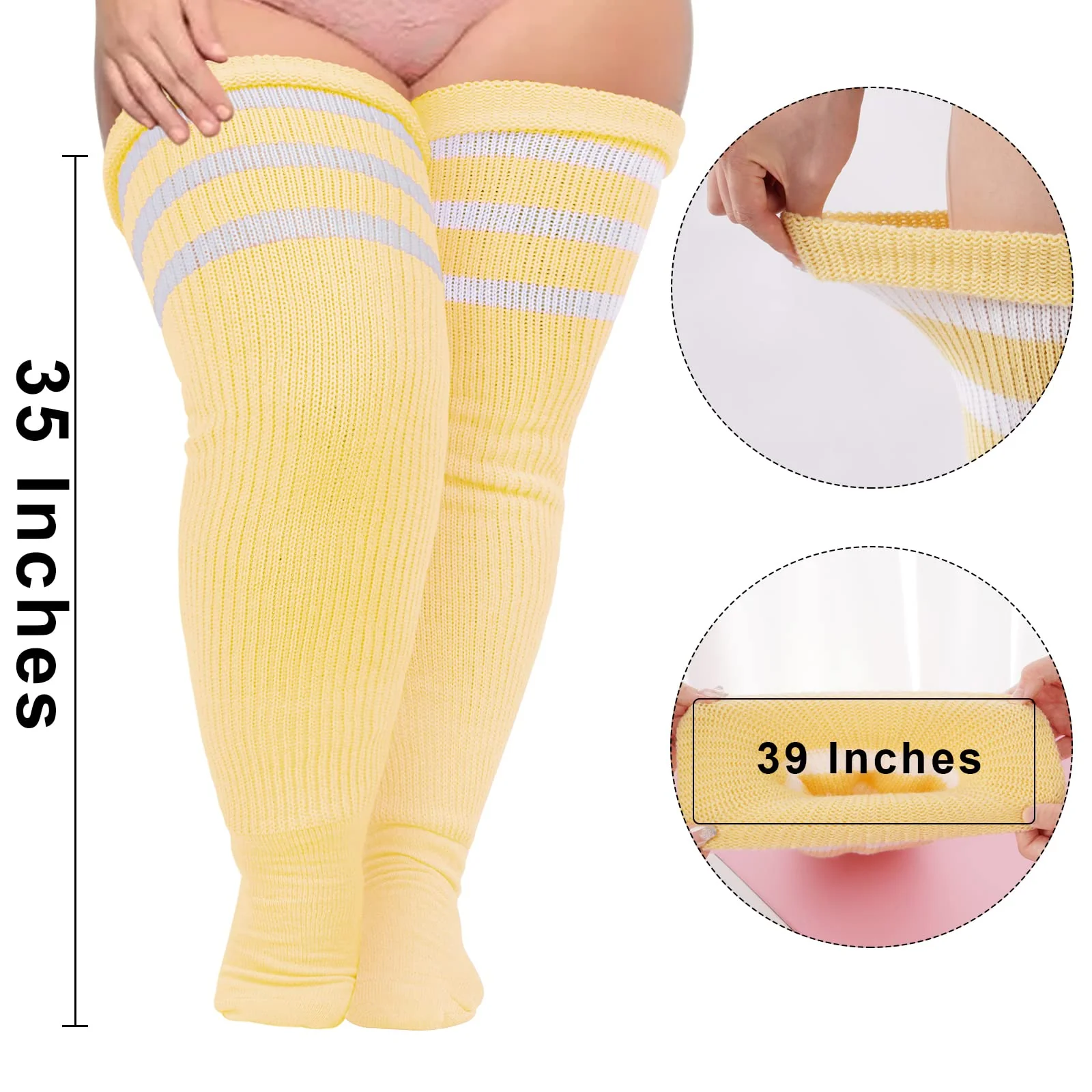 Plus Size Thigh High Socks Striped- Cream Yellow & White - Image 3