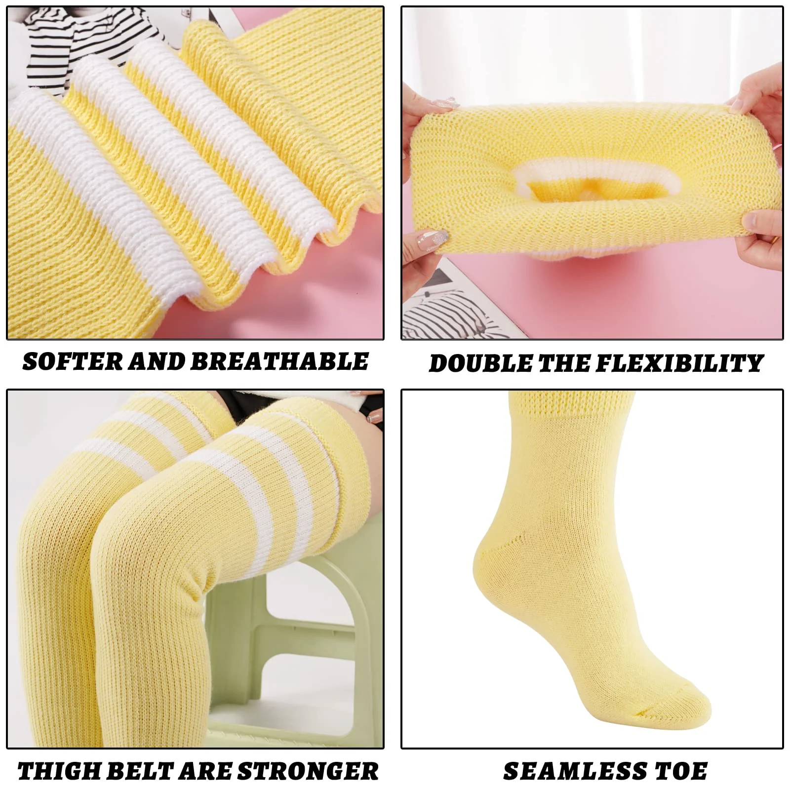 Plus Size Thigh High Socks Striped- Cream Yellow & White - Image 5