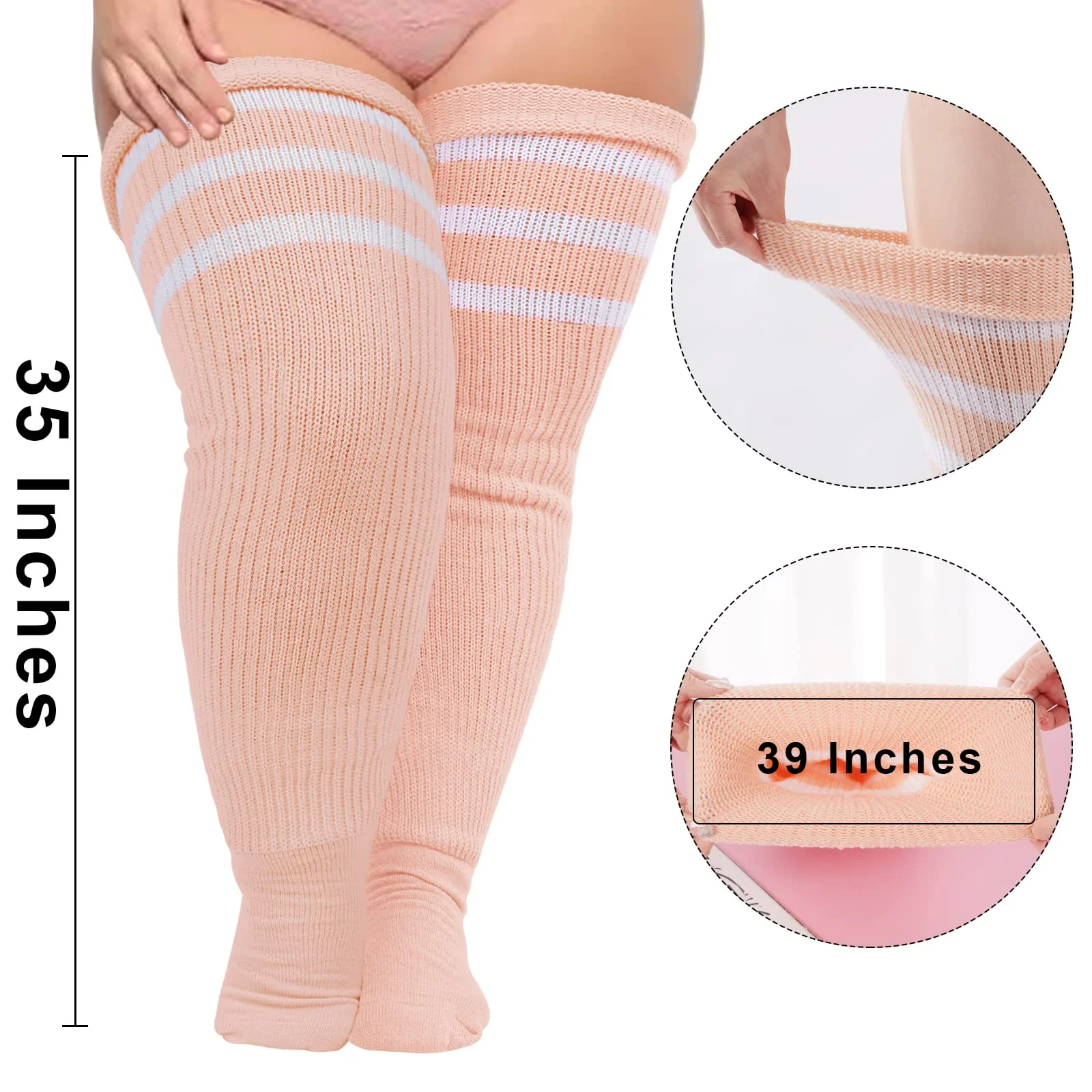 Plus Size Thigh High Socks Striped- Light Orange & White - Image 3
