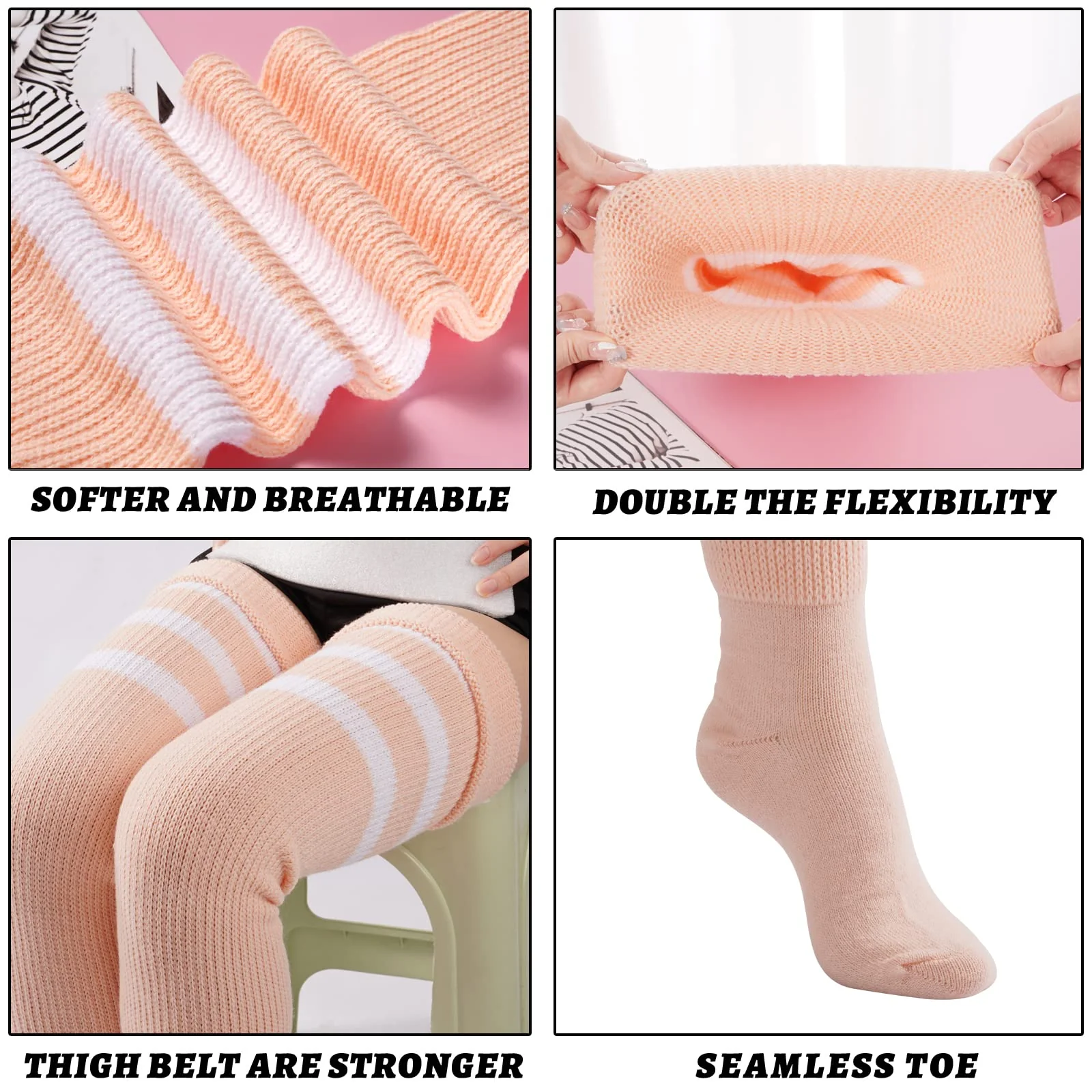 Plus Size Thigh High Socks Striped- Light Orange & White - Image 4
