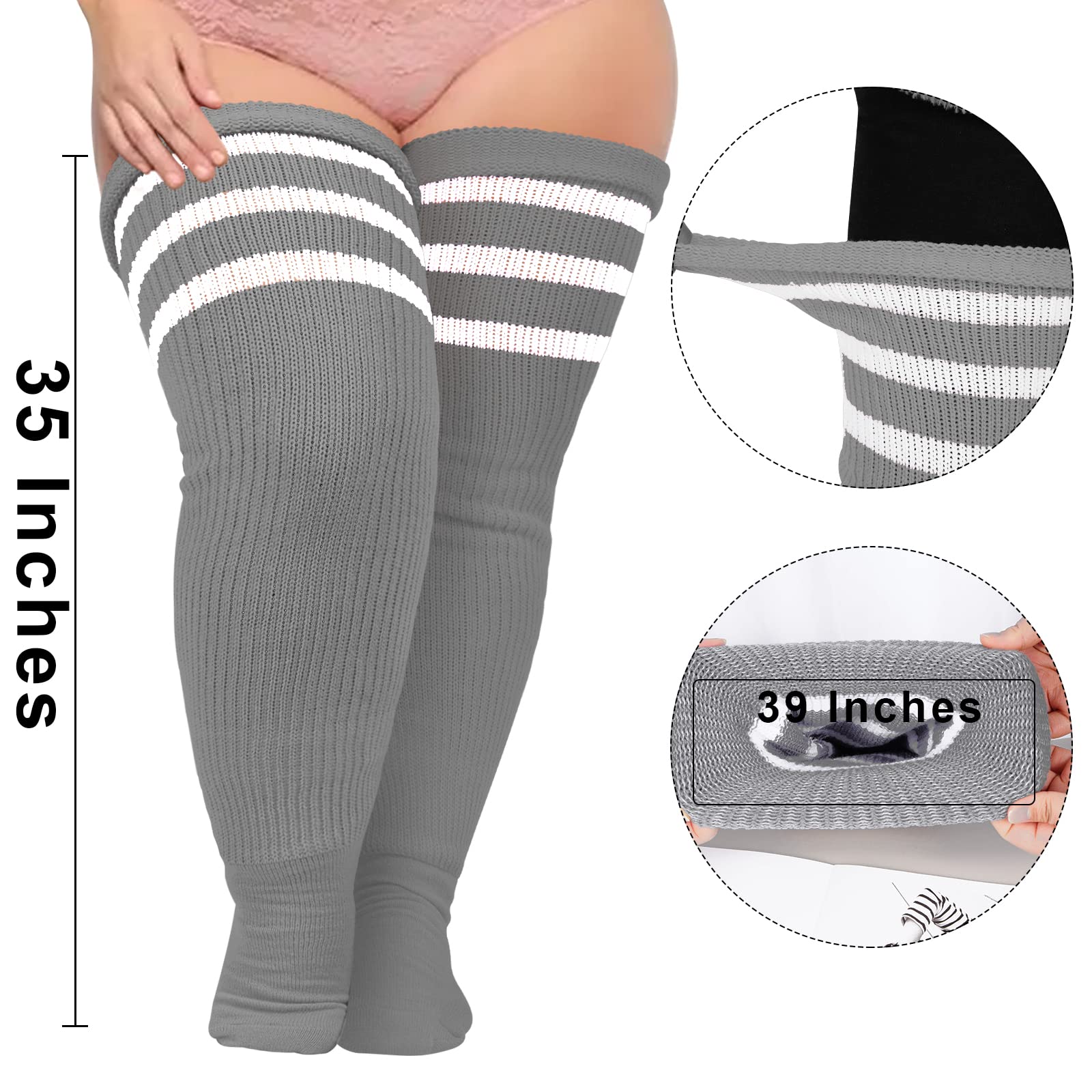 Plus Size Thigh High Socks Striped- Limestone Grey & White - Image 3