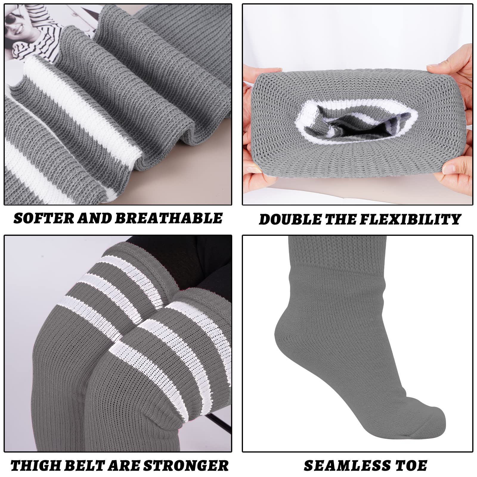 Plus Size Thigh High Socks Striped- Limestone Grey & White - Image 5