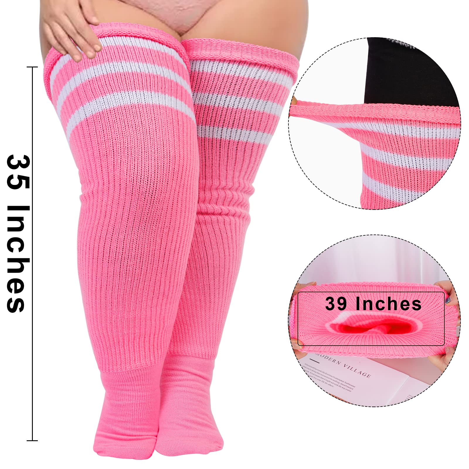 Plus Size Thigh High Socks Striped- Pink & White - Image 3
