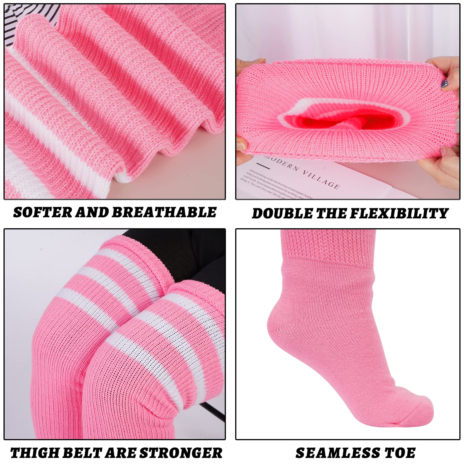 Plus Size Thigh High Socks Striped- Pink & White - Image 5