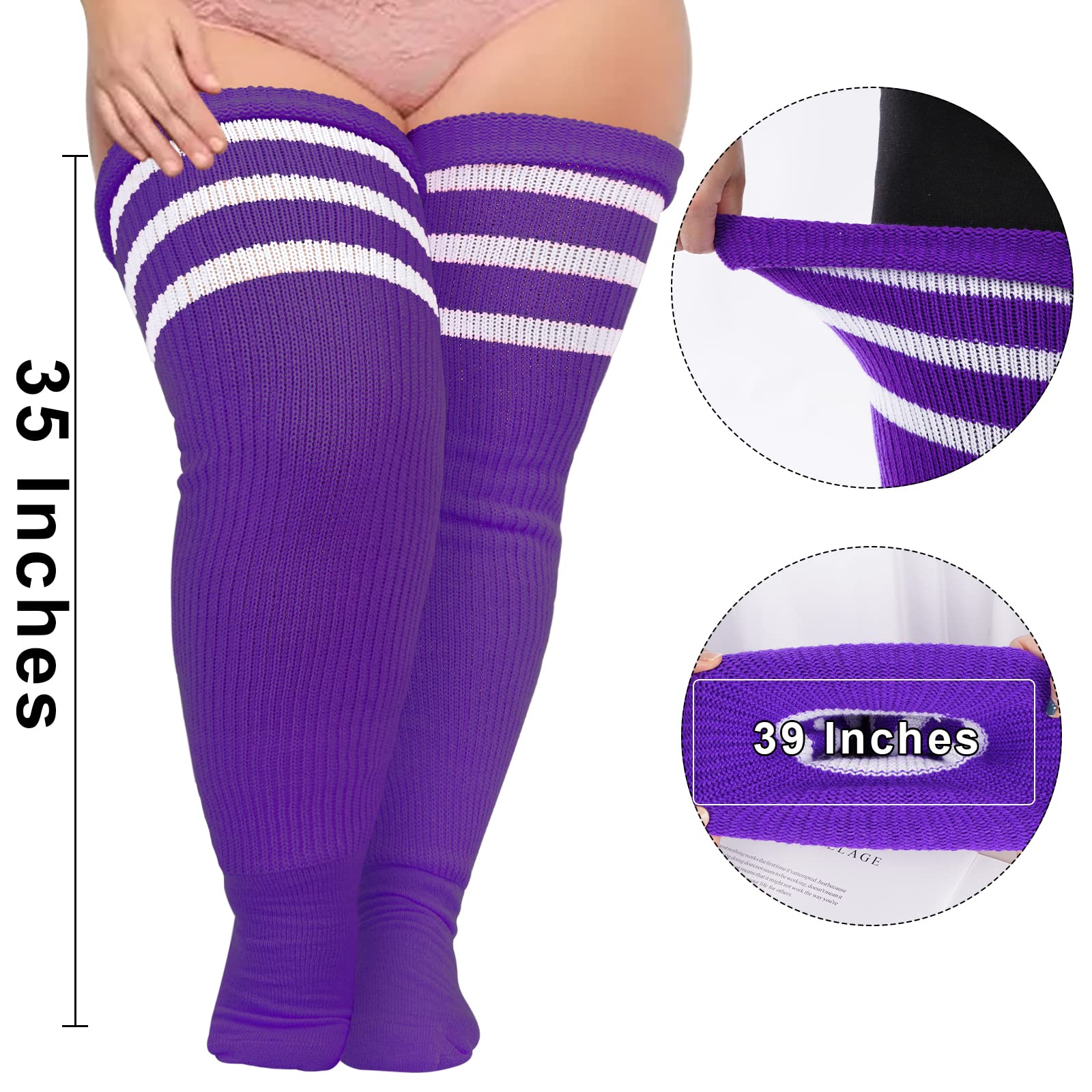 Plus Size Thigh High Socks Striped- Purple & White - Image 3