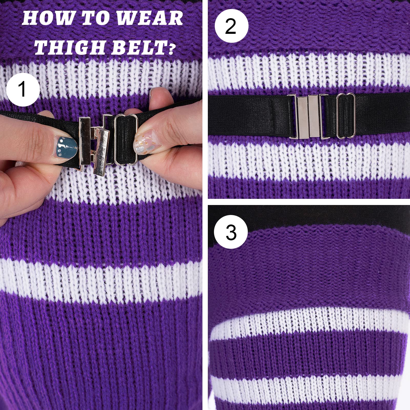 Plus Size Thigh High Socks Striped- Purple & White - Image 4