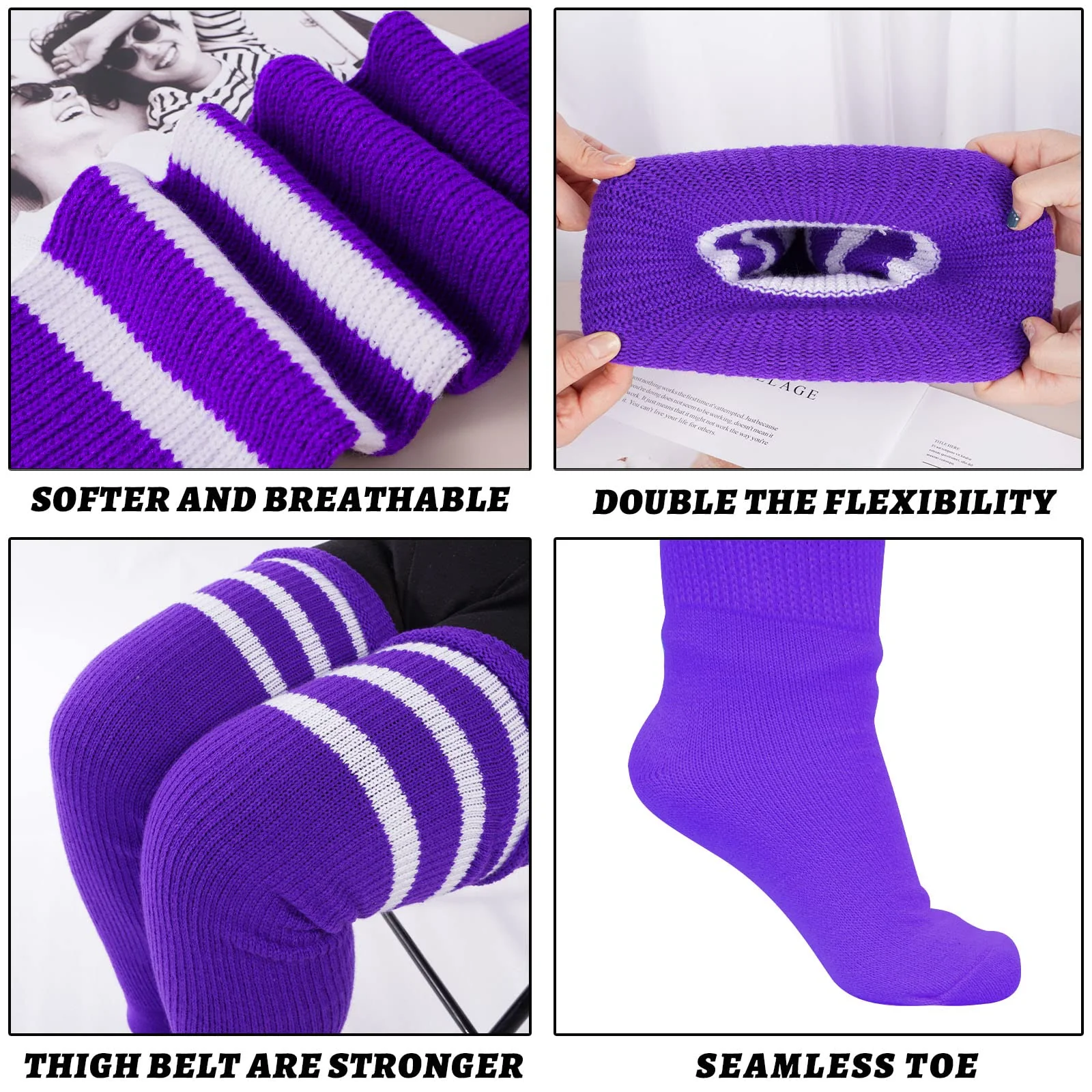 Plus Size Thigh High Socks Striped- Purple & White - Image 5