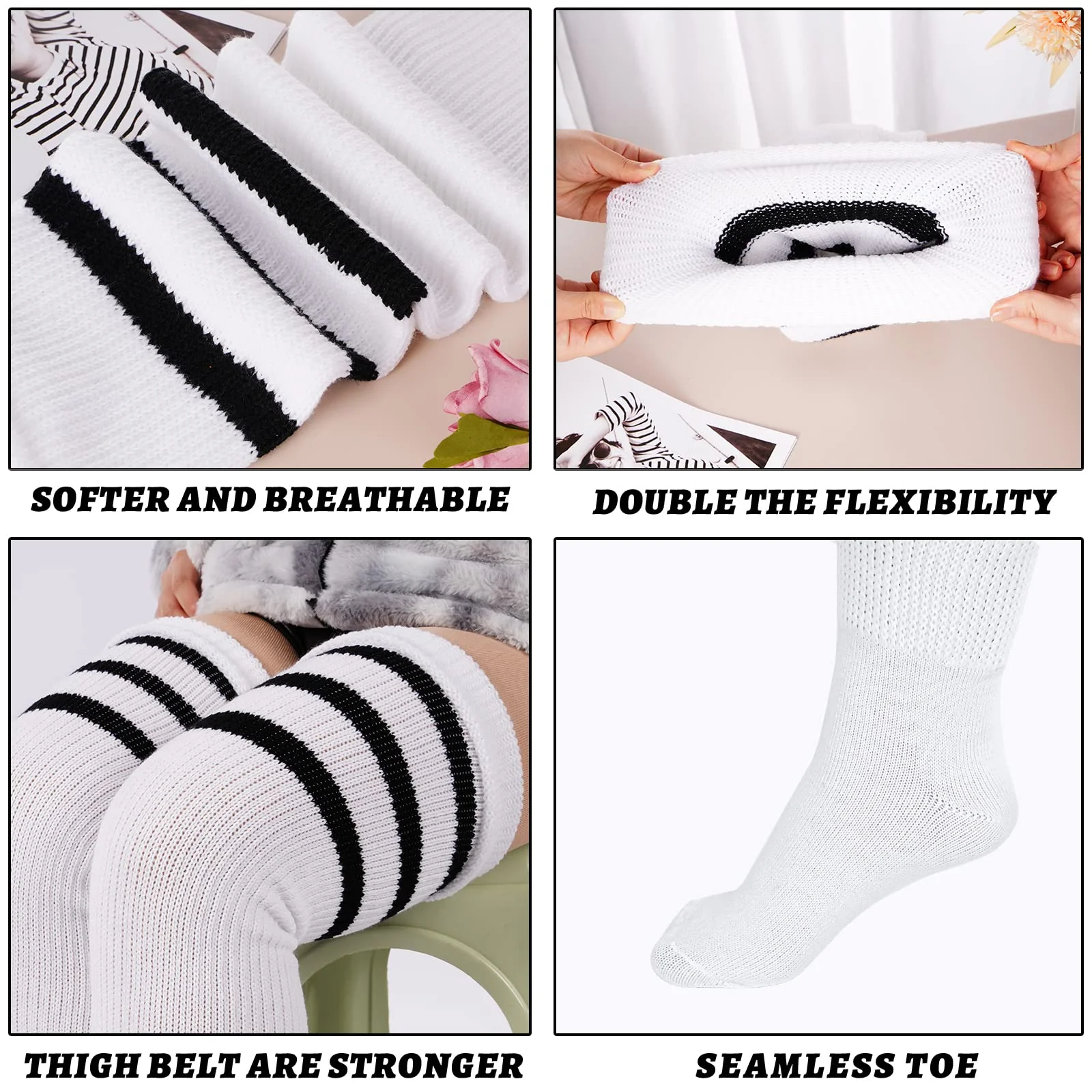 Plus Size Thigh High Socks Striped- White & Black - Image 4
