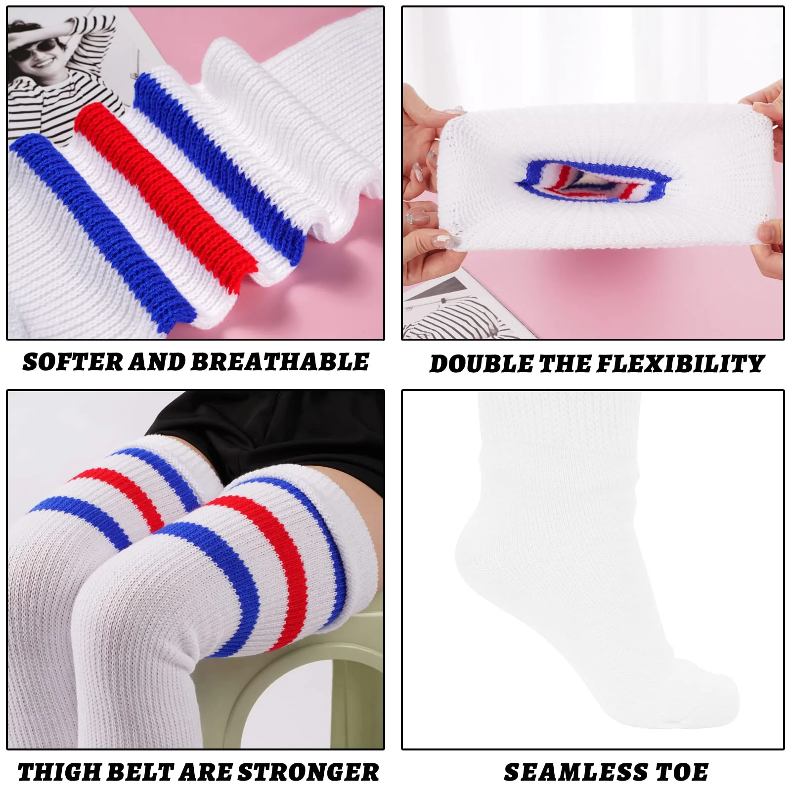 Plus Size Thigh High Socks Striped- White & Blue & Red - Image 4