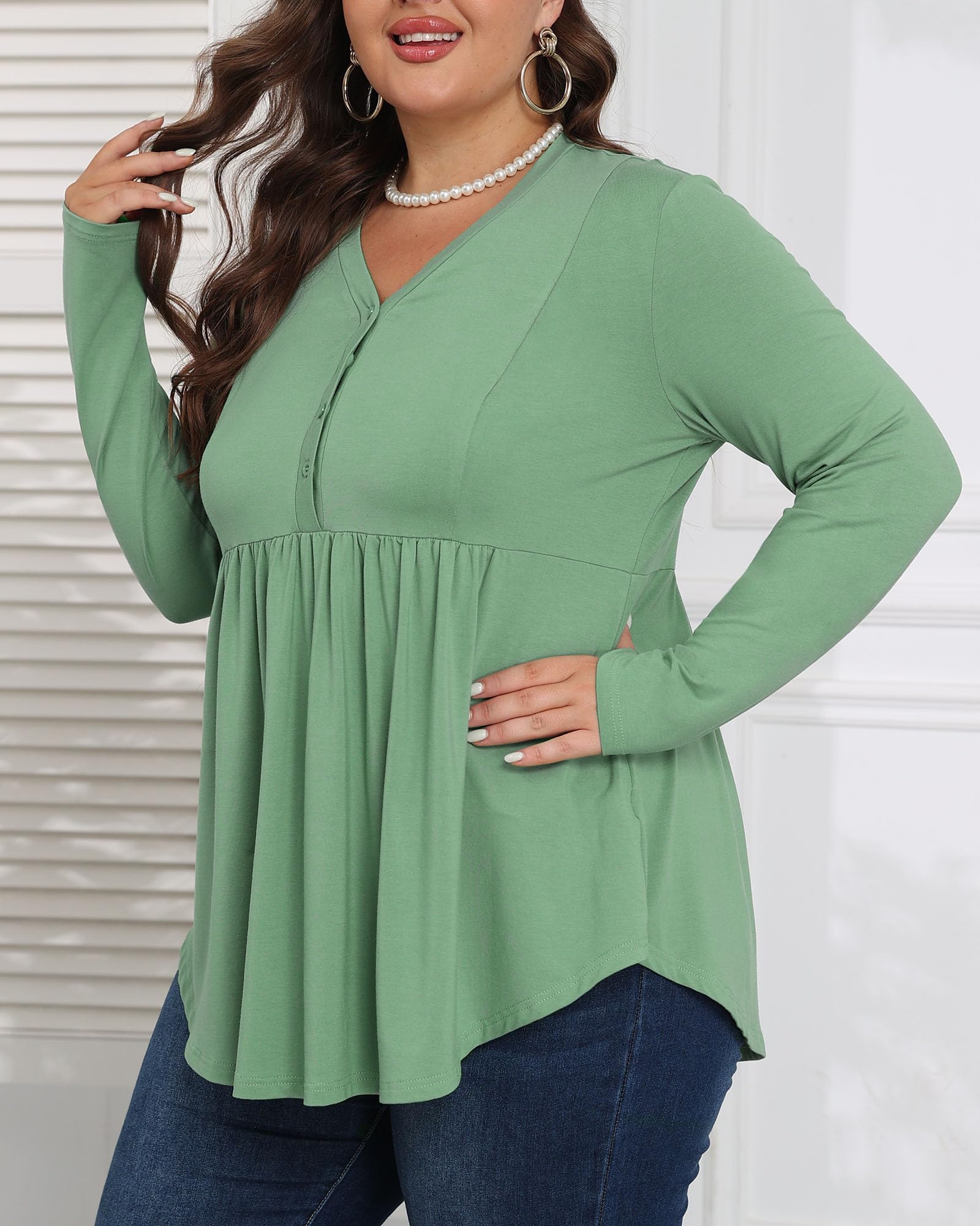 Plus Size Tops Henley Shirts V Neck-Green - Image 3