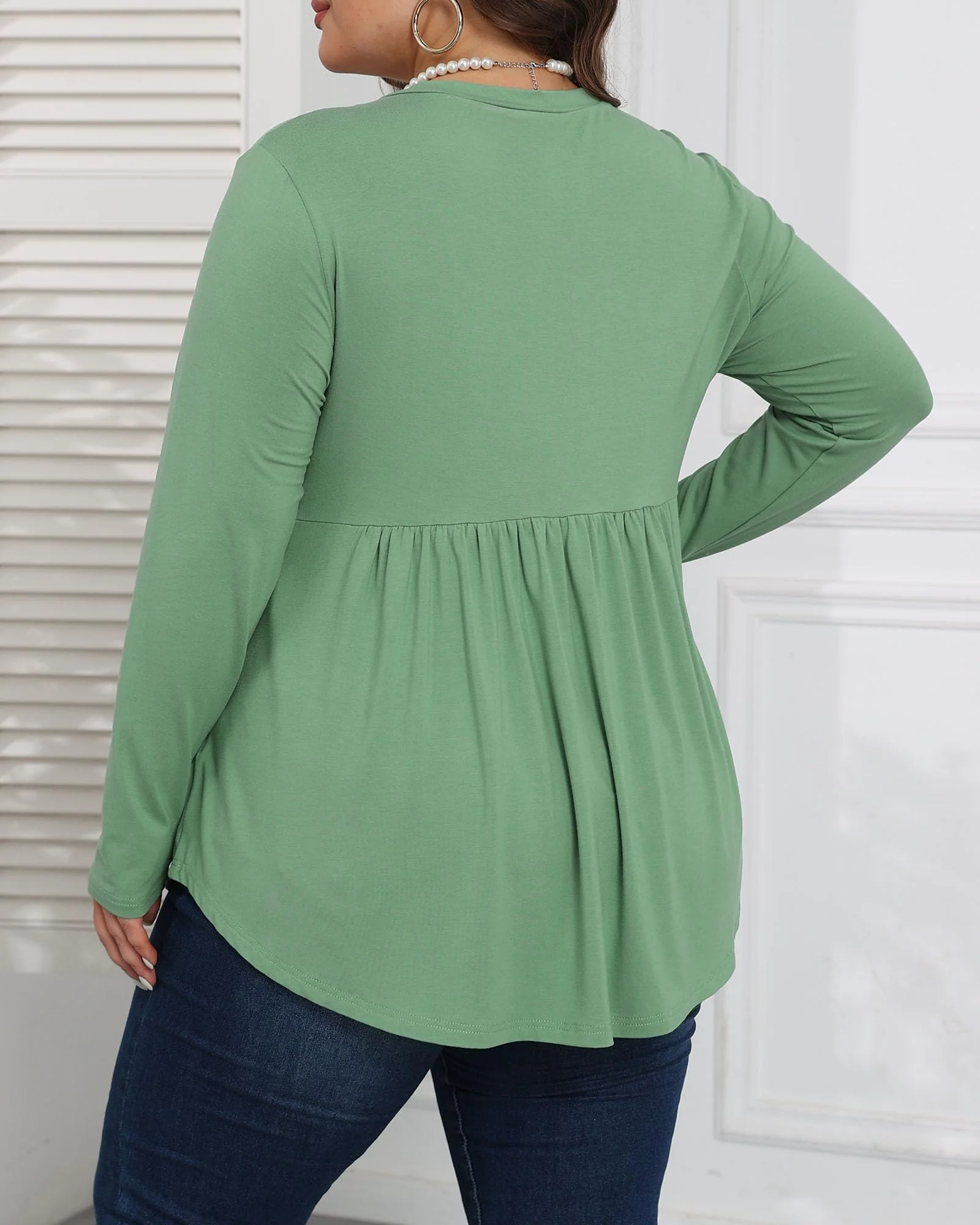 Plus Size Tops Henley Shirts V Neck-Green - Image 4