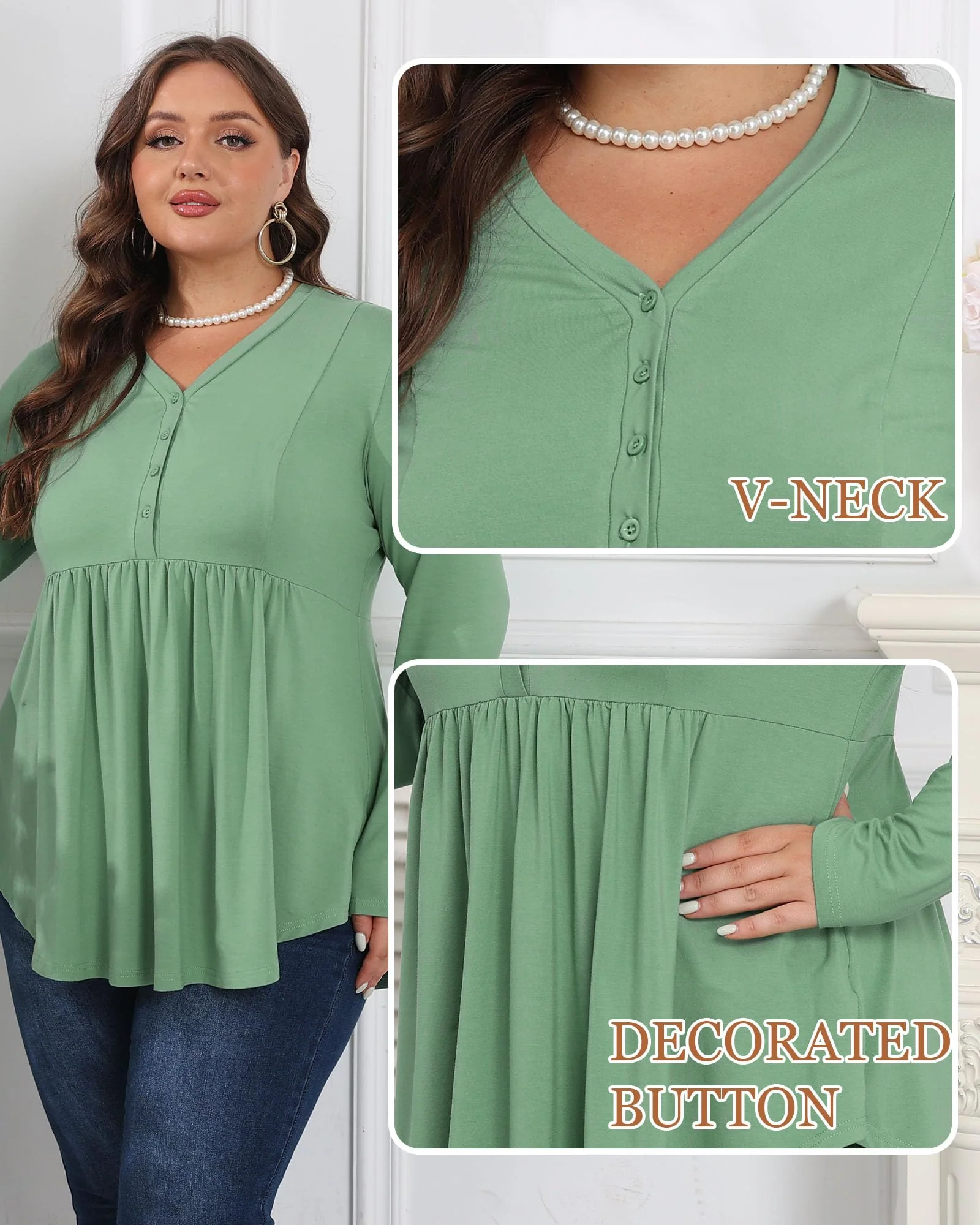 Plus Size Tops Henley Shirts V Neck-Green - Image 5