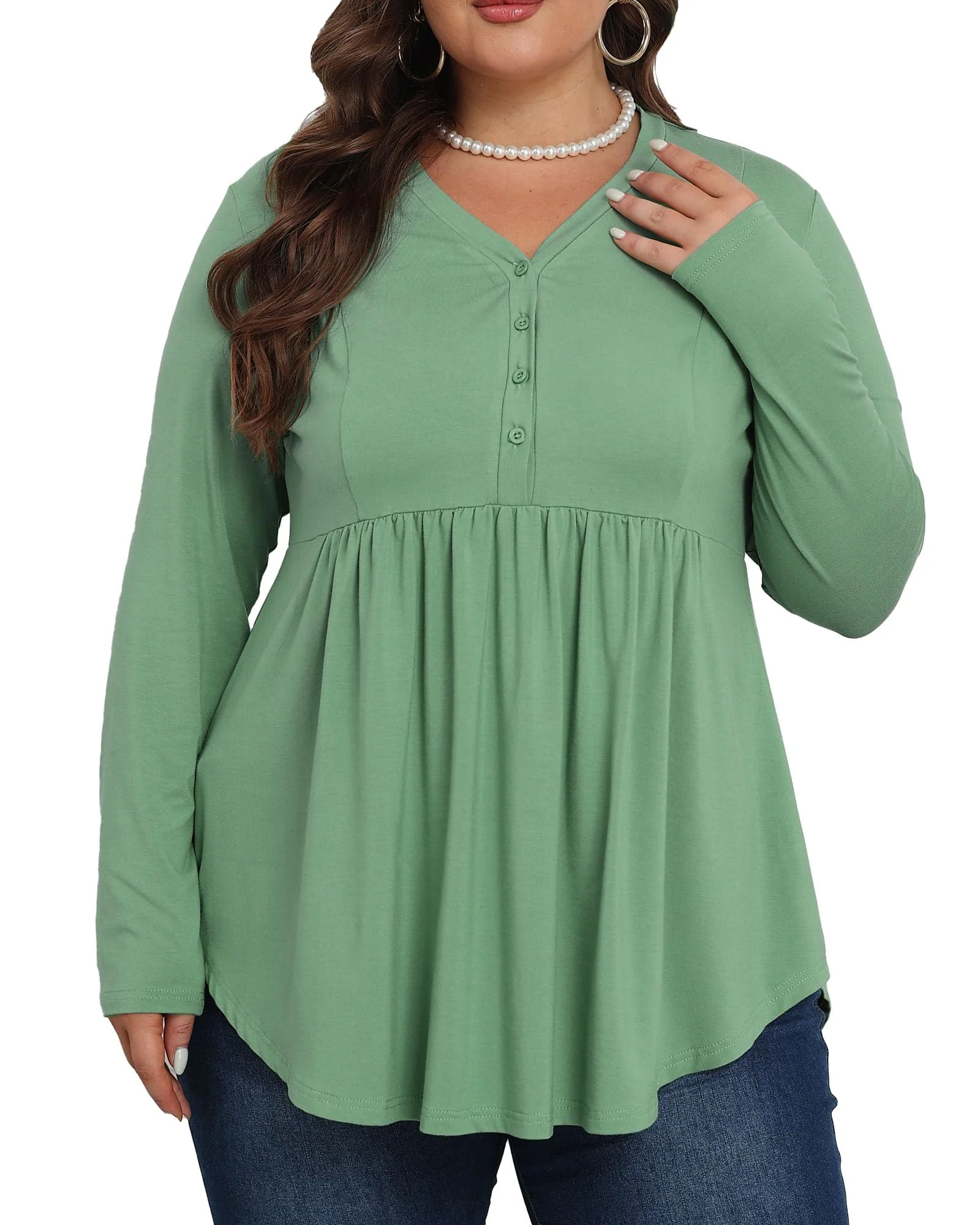 Plus Size Tops Henley Shirts V Neck-Green - Image 6