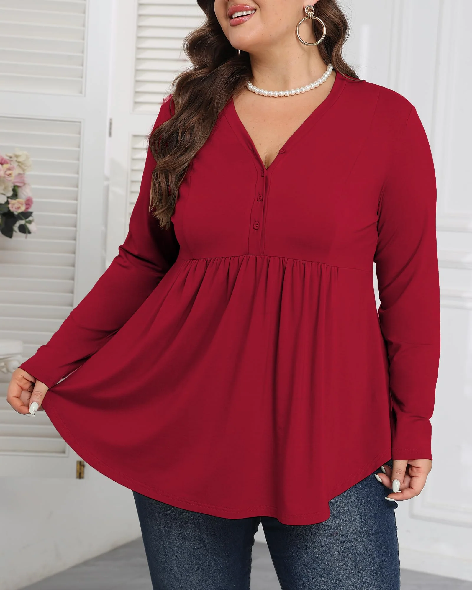 Plus Size Tops Henley Shirts V Neck-Wine Red - Image 4