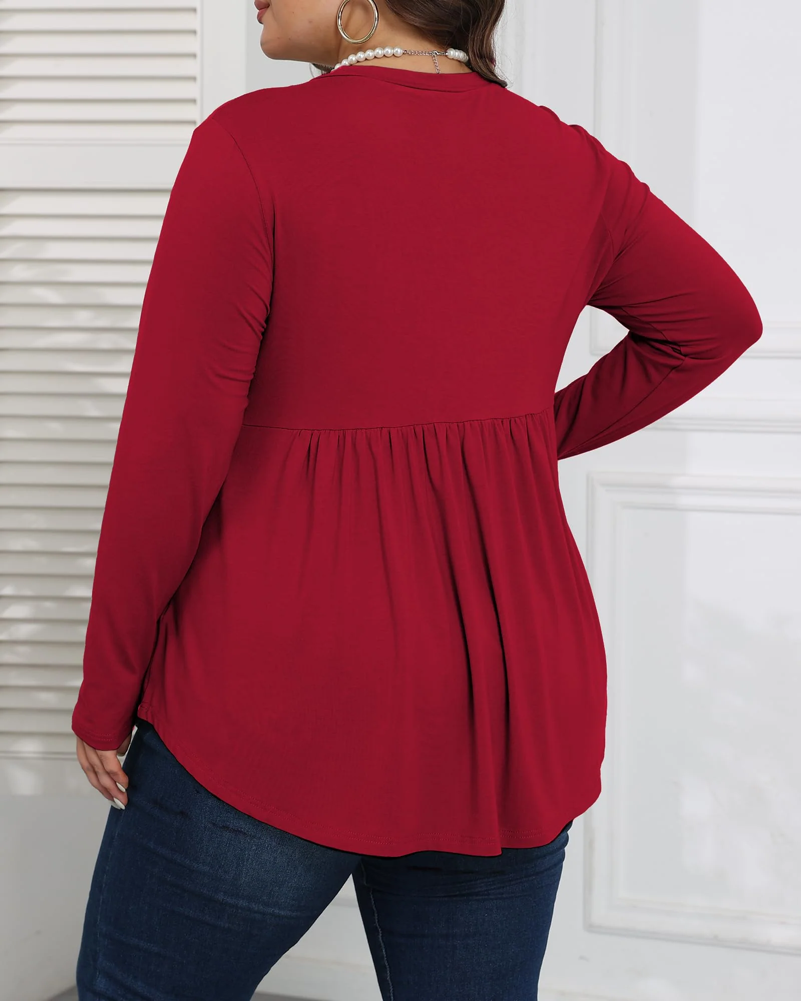 Plus Size Tops Henley Shirts V Neck-Wine Red - Image 5