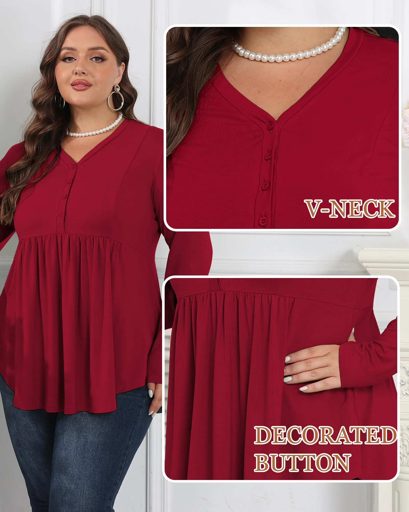 Plus Size Tops Henley Shirts V Neck-Wine Red - Image 6