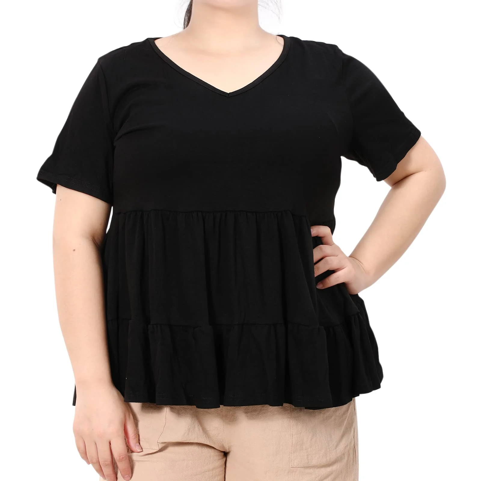 Plus Size Tops V-Neck Shirts Summer Tunic Solid XL-5X-Black - Image 3