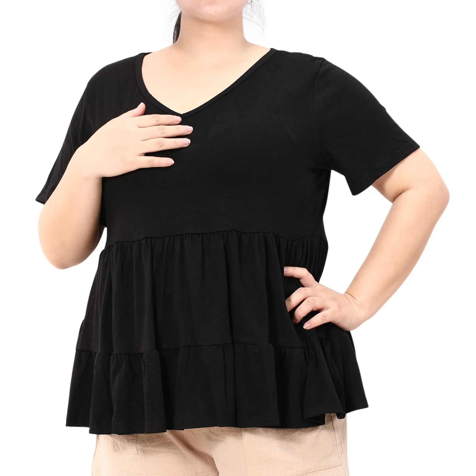 Plus Size Tops V-Neck Shirts Summer Tunic Solid XL-5X-Black - Image 5