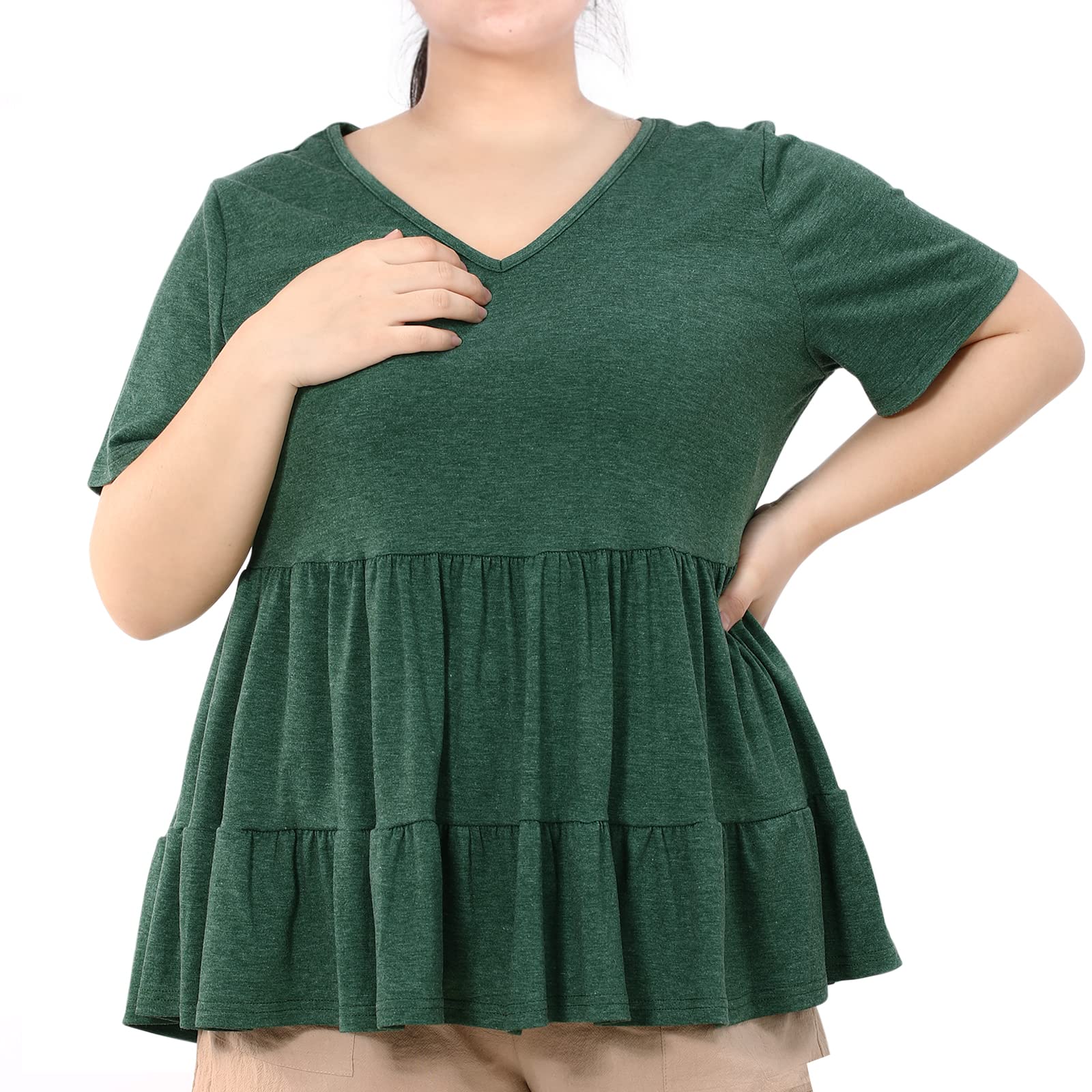Plus Size Tops V-Neck Shirts Summer Tunic Solid XL-5X-Green - Image 3
