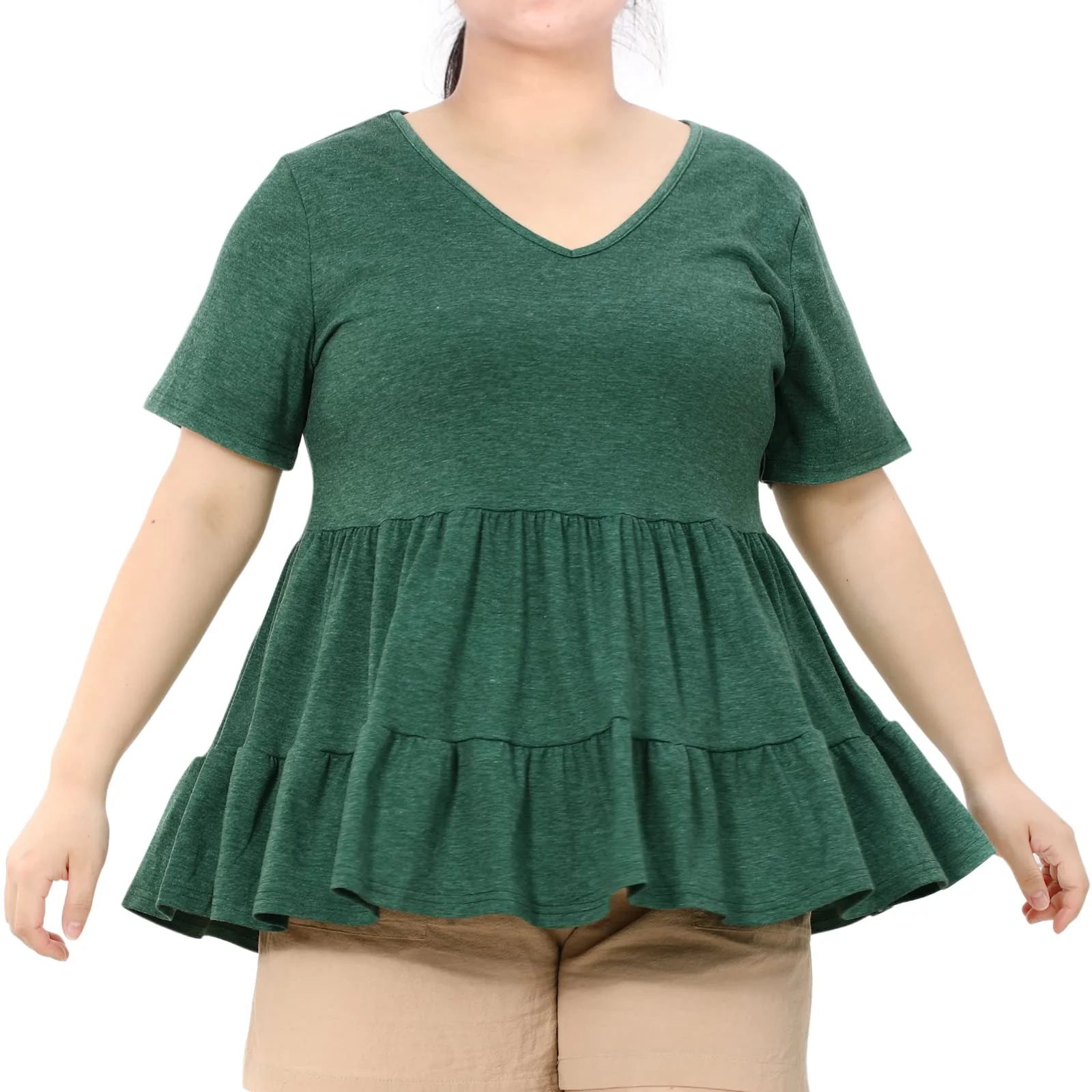 Plus Size Tops V-Neck Shirts Summer Tunic Solid XL-5X-Green - Image 5