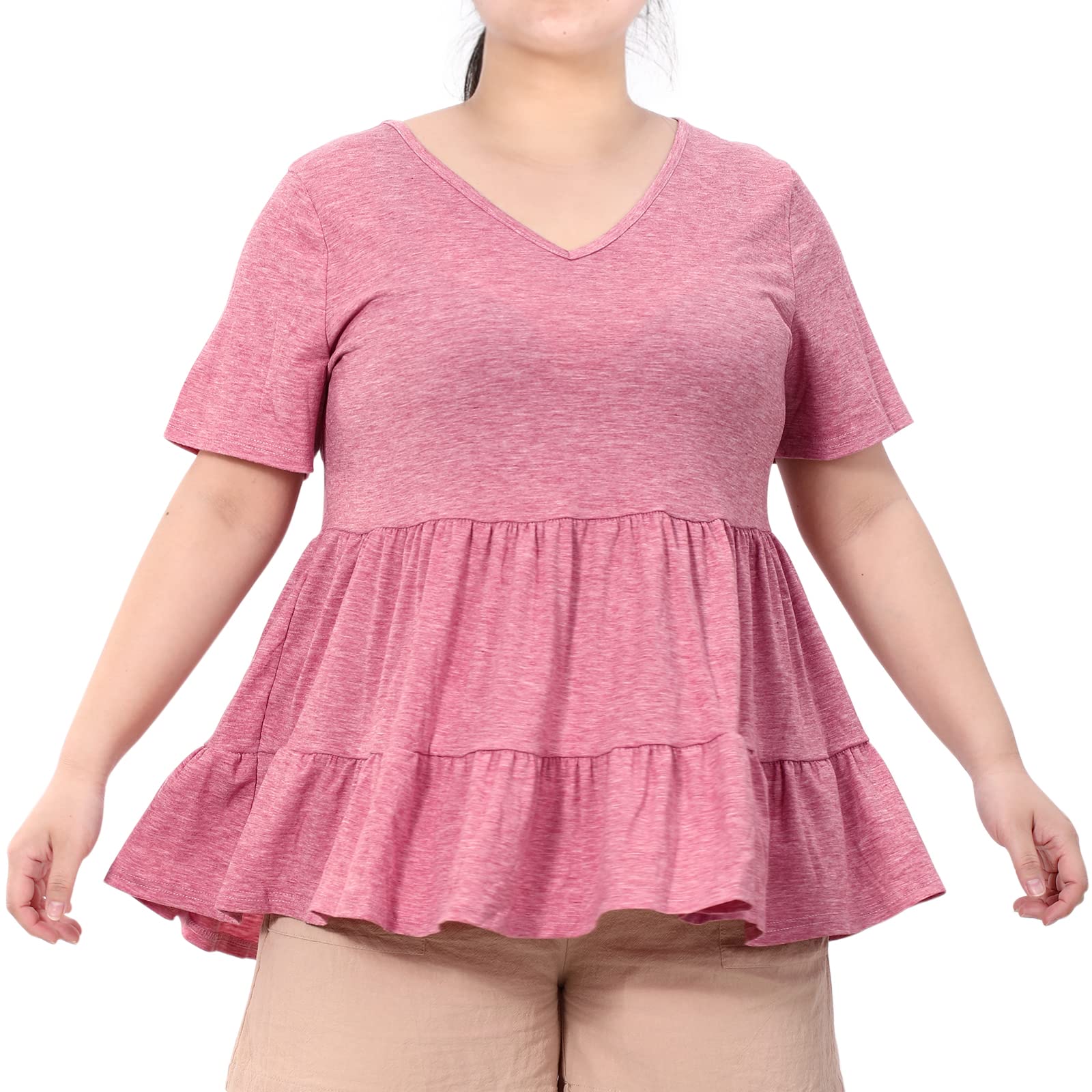 Plus Size Tops V-Neck Shirts Summer Tunic Solid XL-5X-Pink - Image 3