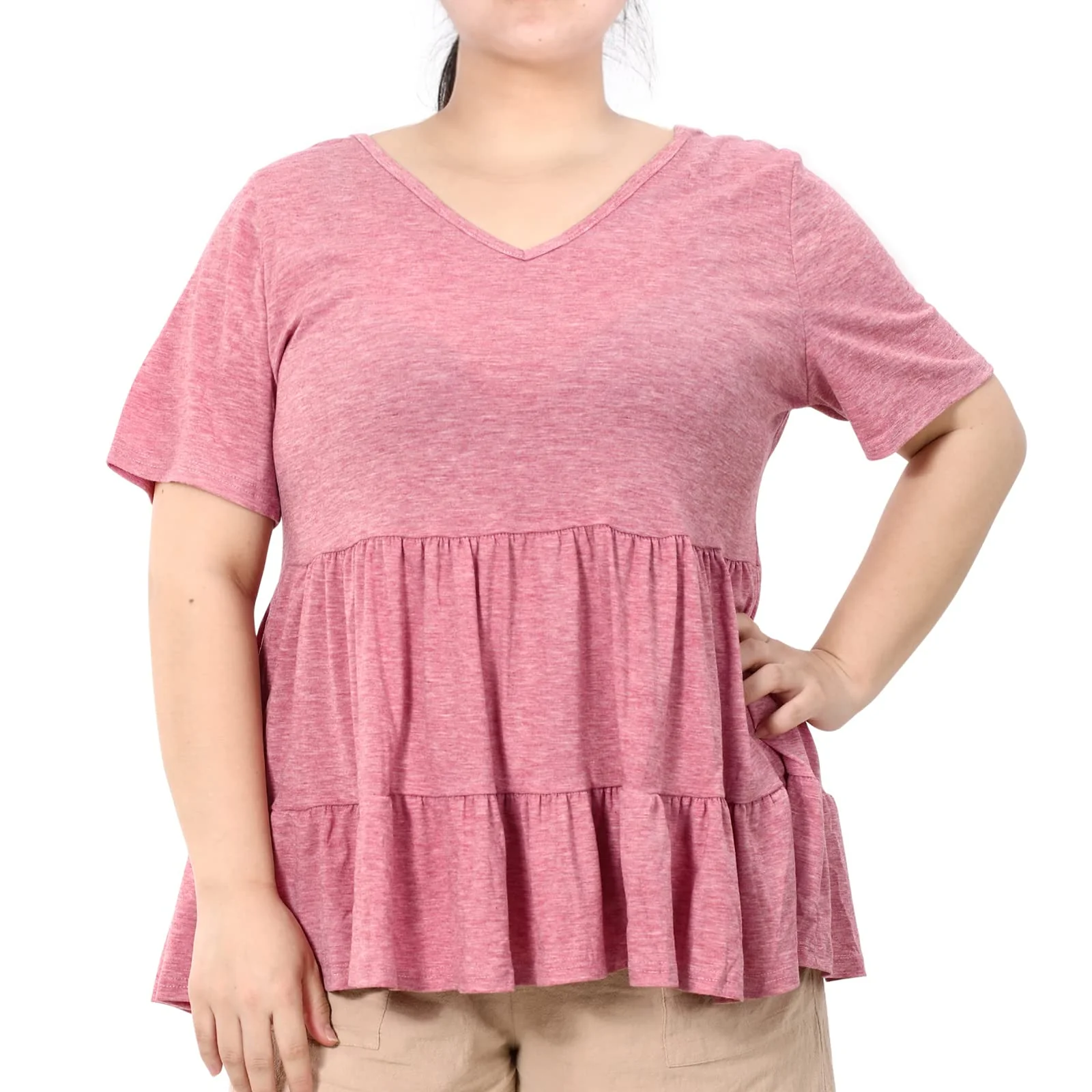 Plus Size Tops V-Neck Shirts Summer Tunic Solid XL-5X-Pink - Image 4