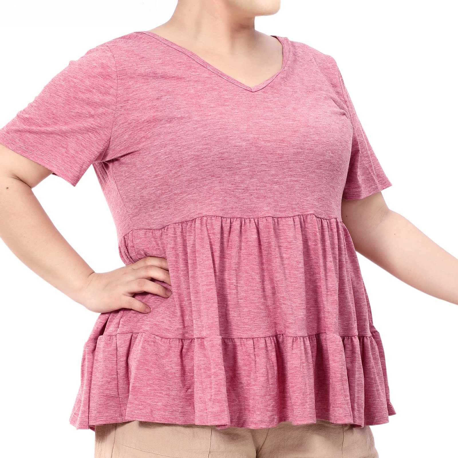 Plus Size Tops V-Neck Shirts Summer Tunic Solid XL-5X-Pink - Image 5