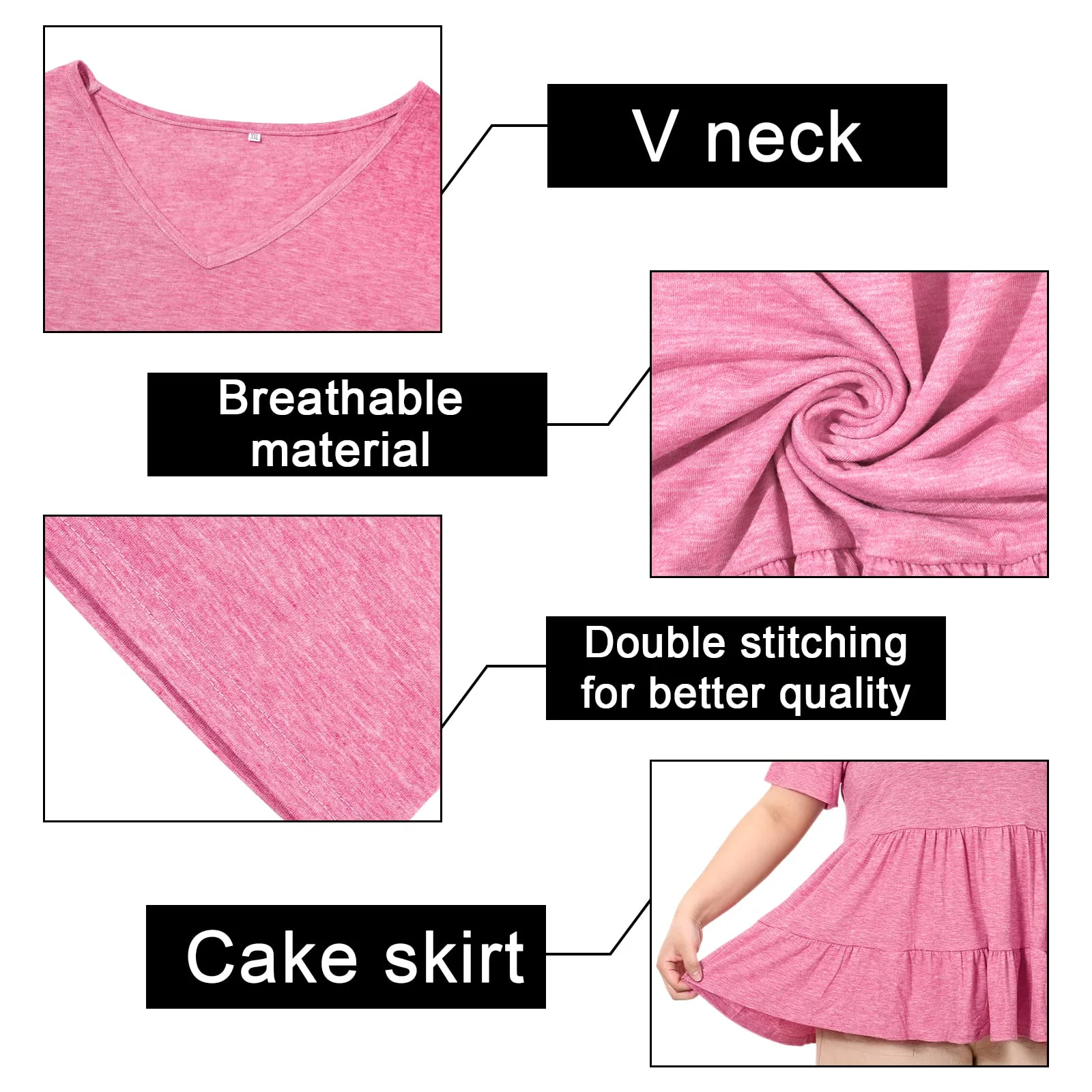 Plus Size Tops V-Neck Shirts Summer Tunic Solid XL-5X-Pink - Image 7