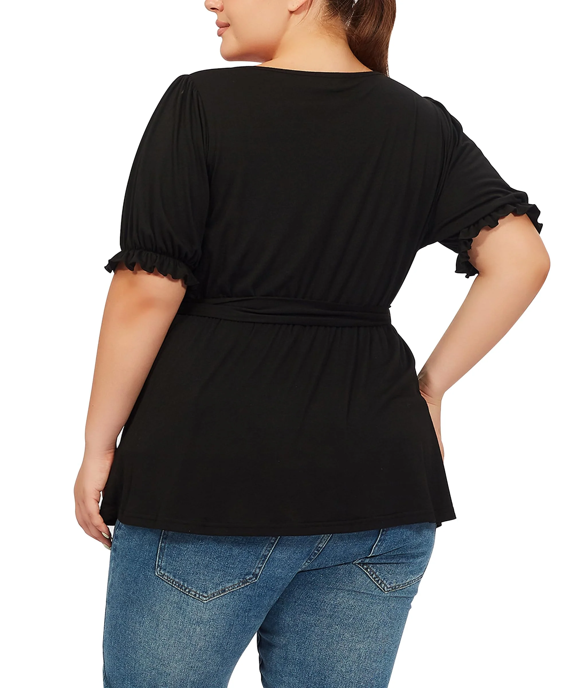 Plus Size Tunic Tops Puff Sweetheart Neck-Black - Image 3