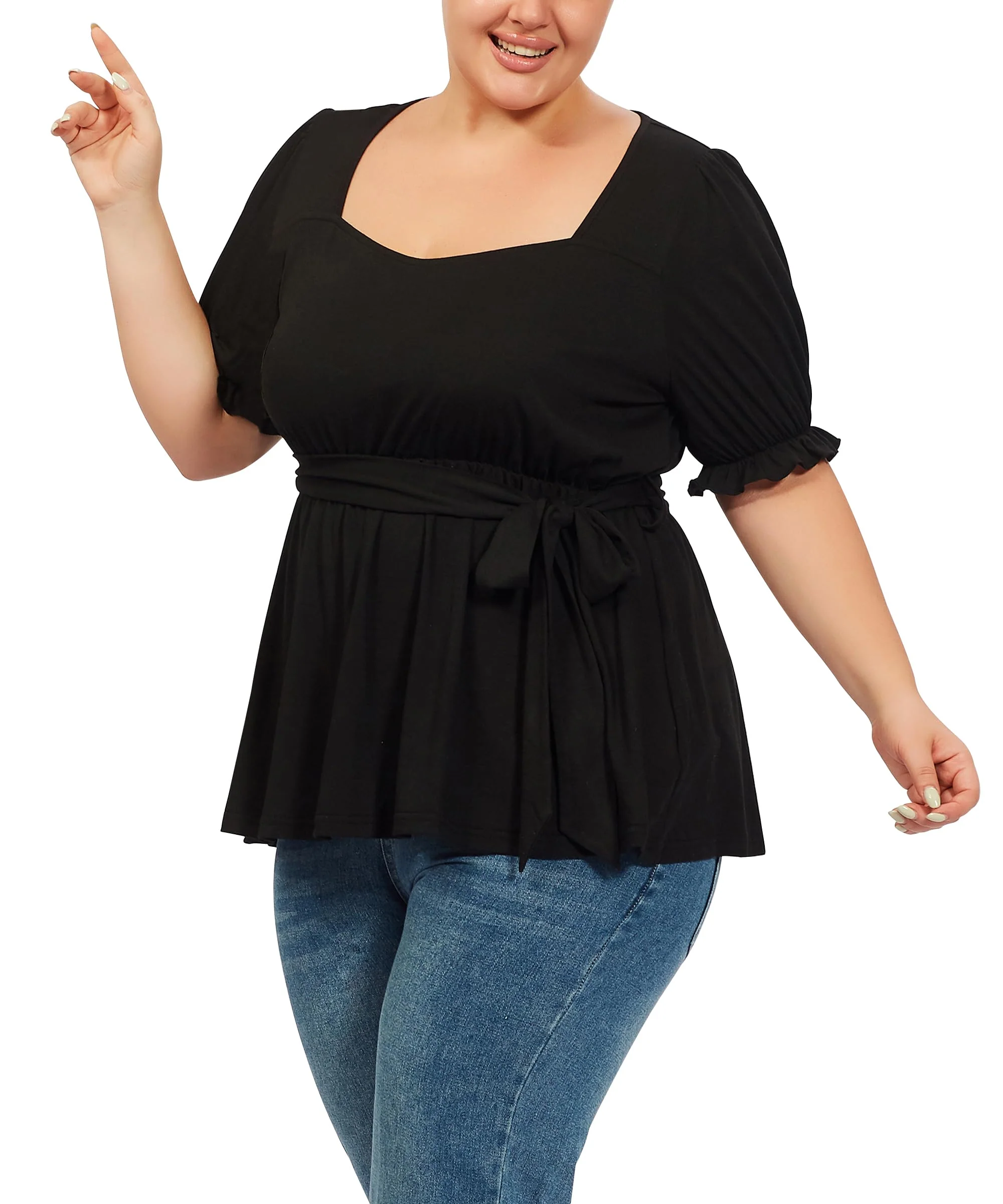 Plus Size Tunic Tops Puff Sweetheart Neck-Black - Image 4