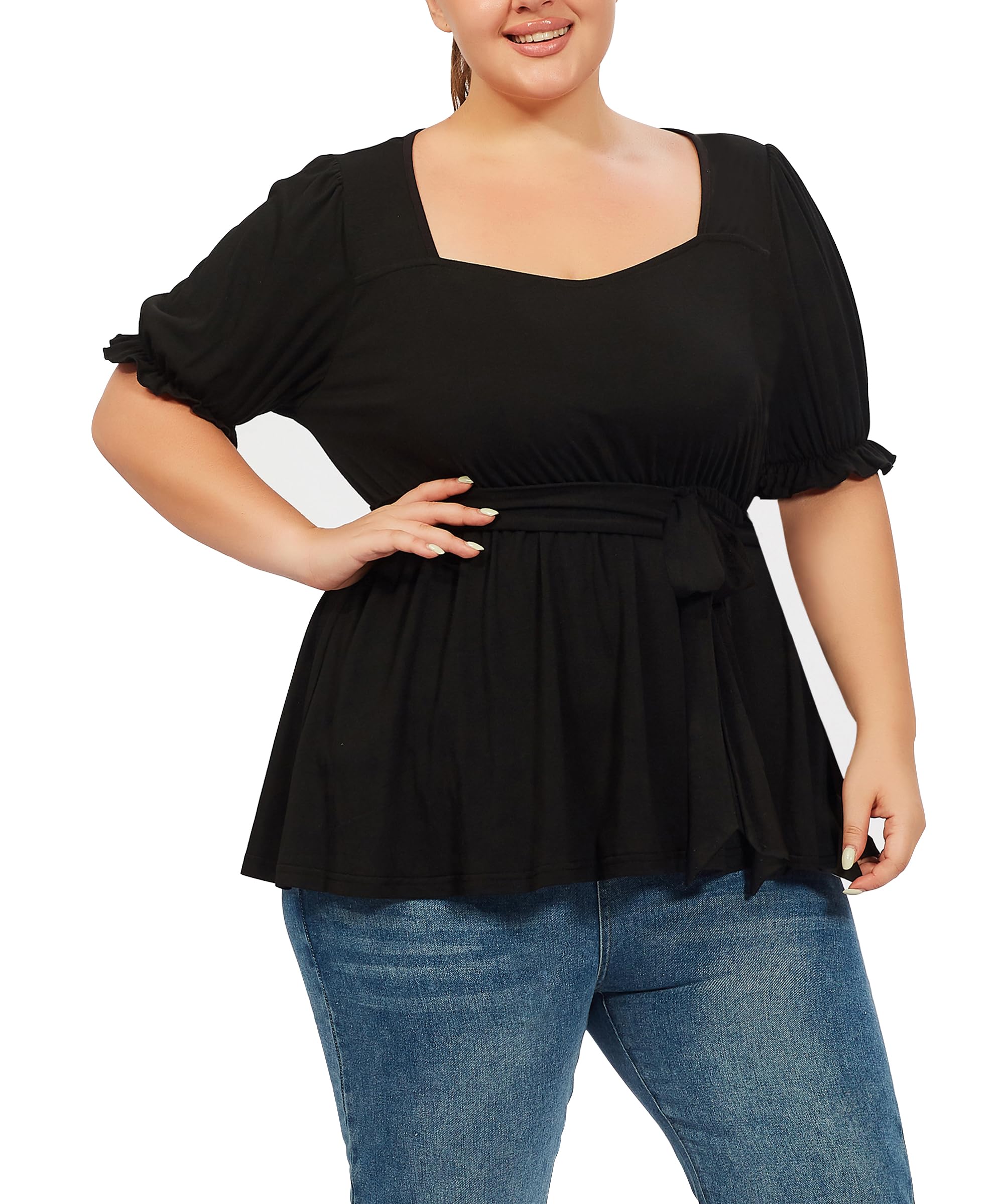 Plus Size Tunic Tops Puff Sweetheart Neck-Black - Image 5