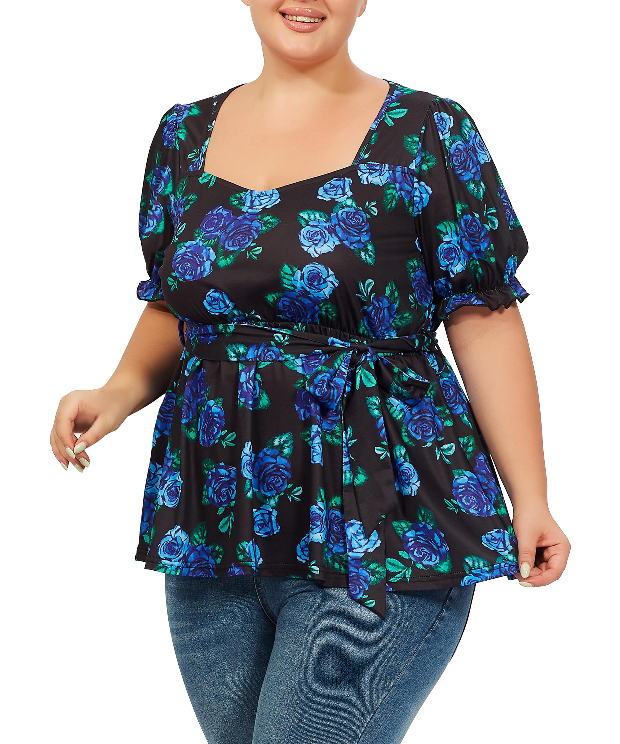 Plus Size Tunic Tops Puff Sweetheart Neck-Blue Floral Print - Image 3