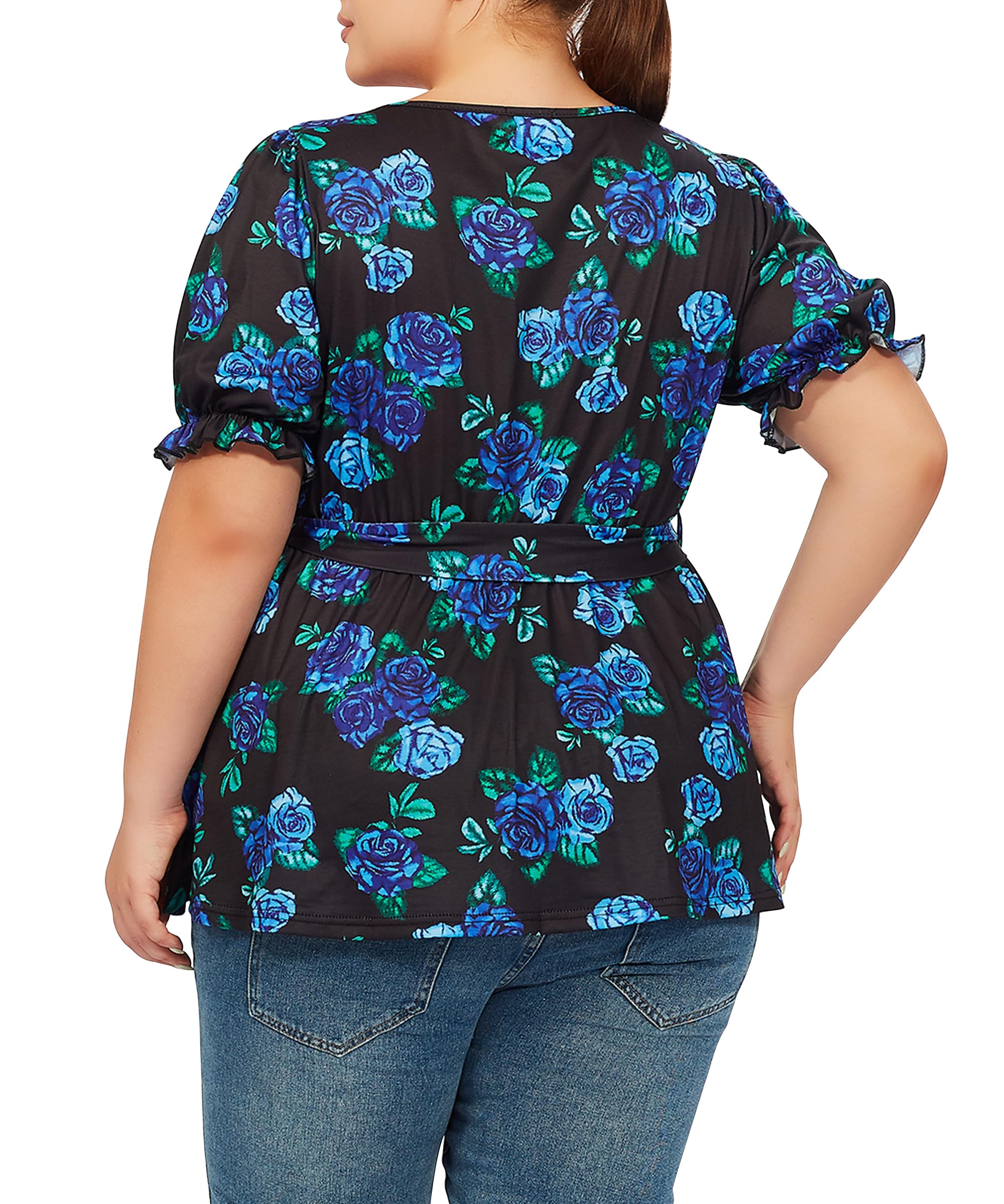 Plus Size Tunic Tops Puff Sweetheart Neck-Blue Floral Print - Image 4