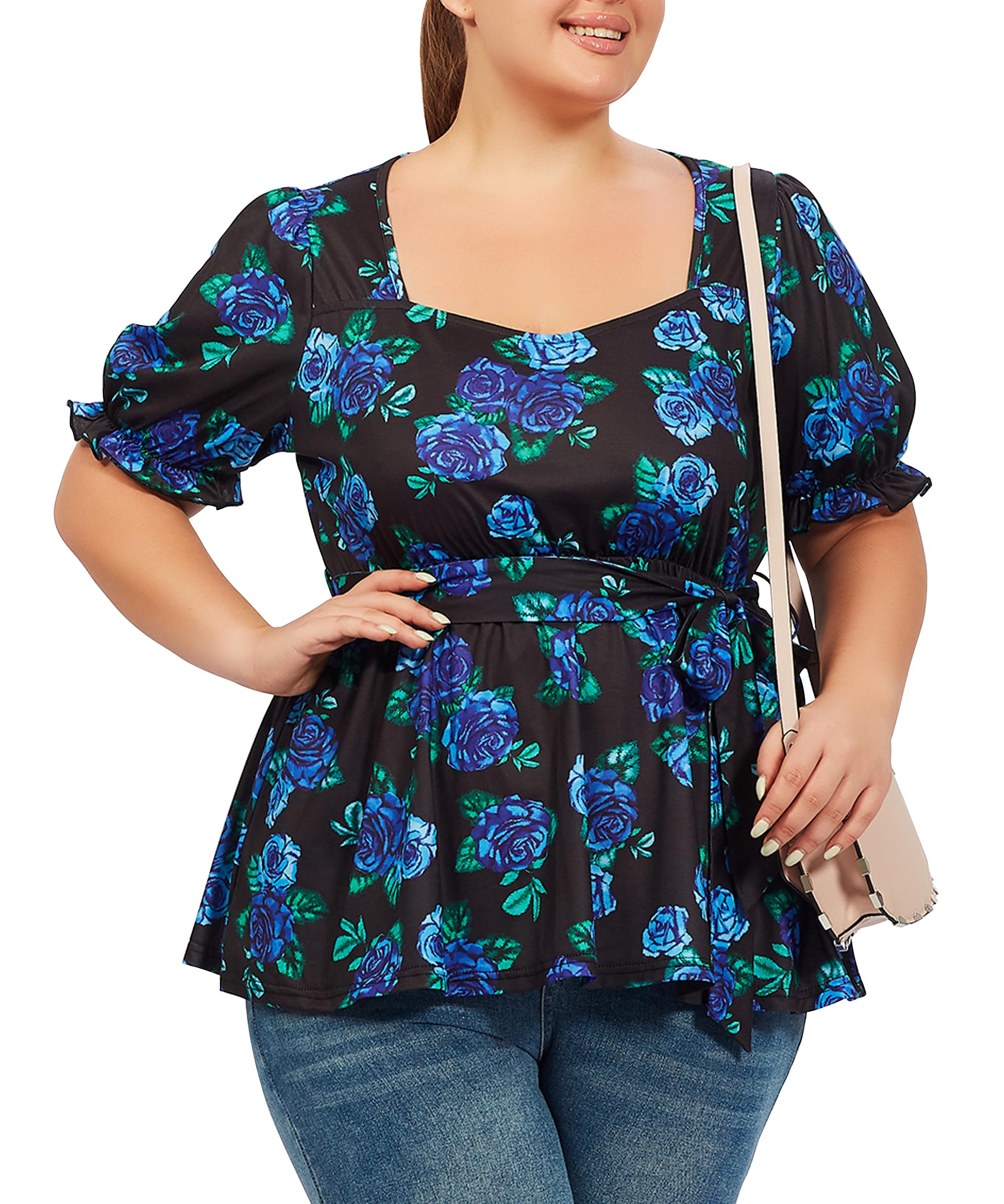 Plus Size Tunic Tops Puff Sweetheart Neck-Blue Floral Print - Image 5