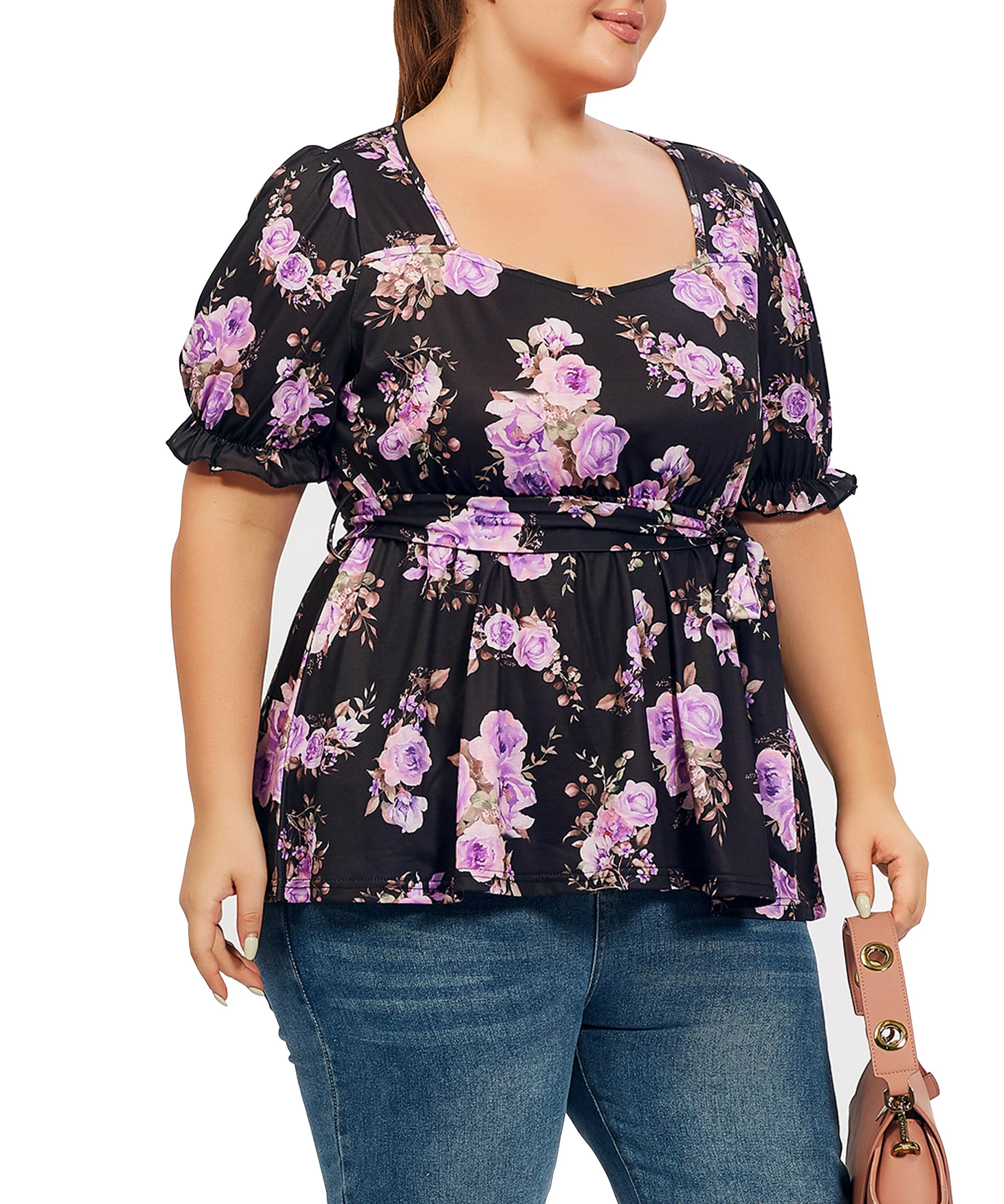 Plus Size Tunic Tops Puff Sweetheart Neck-Purple Floral Print - Image 3