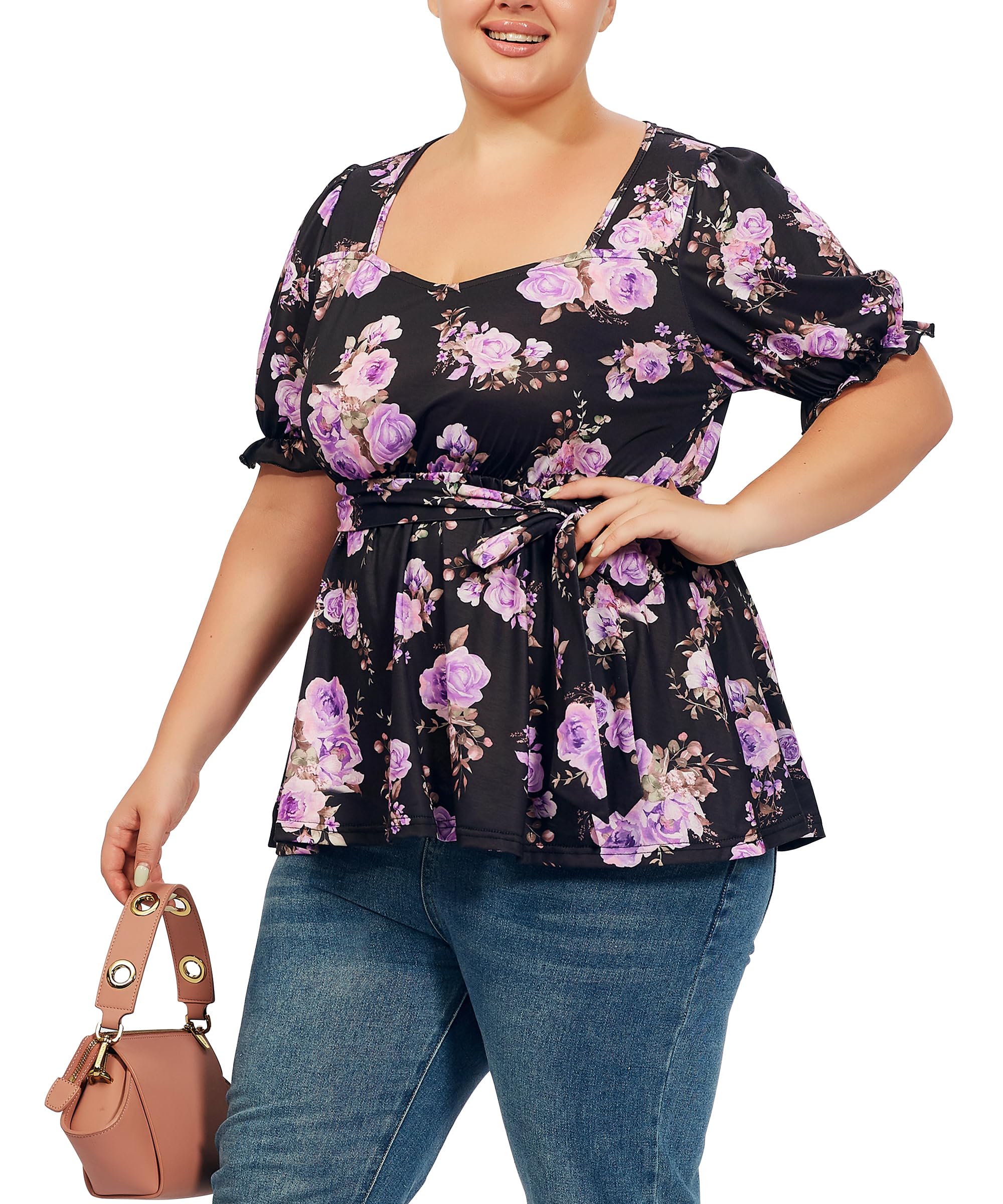 Plus Size Tunic Tops Puff Sweetheart Neck-Purple Floral Print - Image 4