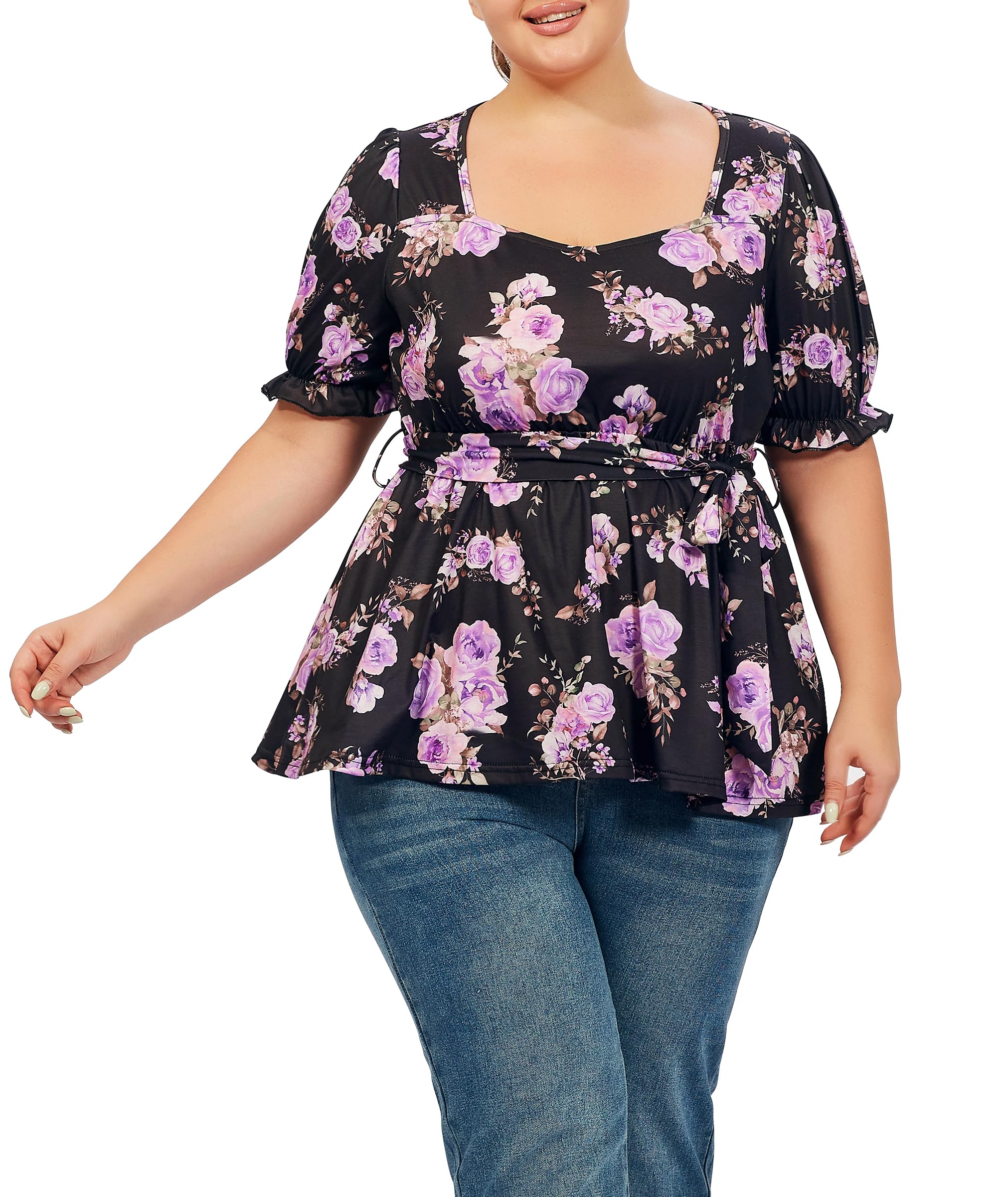 Plus Size Tunic Tops Puff Sweetheart Neck-Purple Floral Print - Image 5